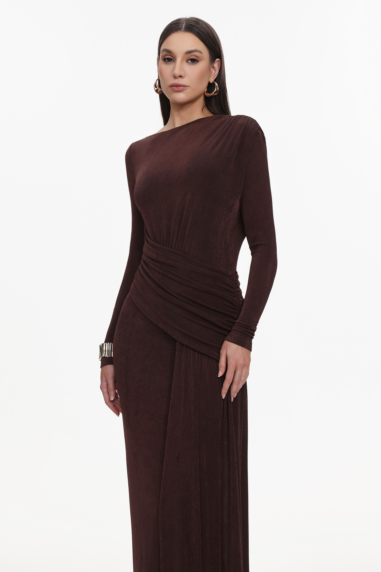 Skyler Elegant Contour Long Sleeve Ruched High Slit Knit Brown Maxi Dress