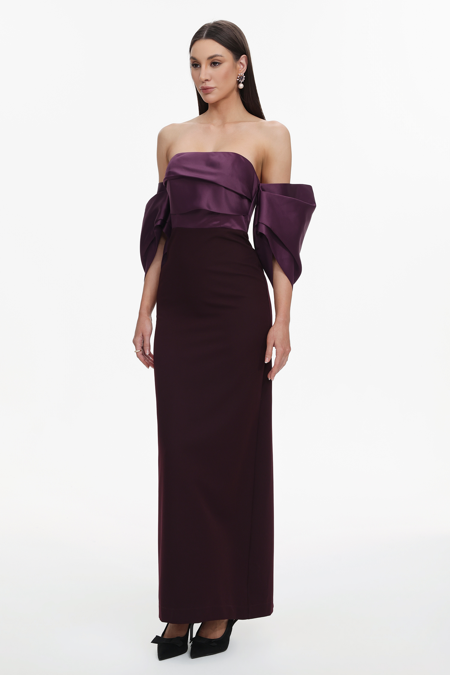 Sareka Elegant Tailored Off Shoulder Pleated Satin Maxi Dress