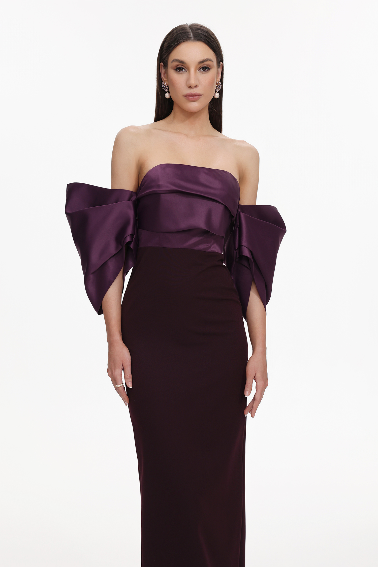 Sareka Elegant Tailored Off Shoulder Pleated Satin Maxi Dress