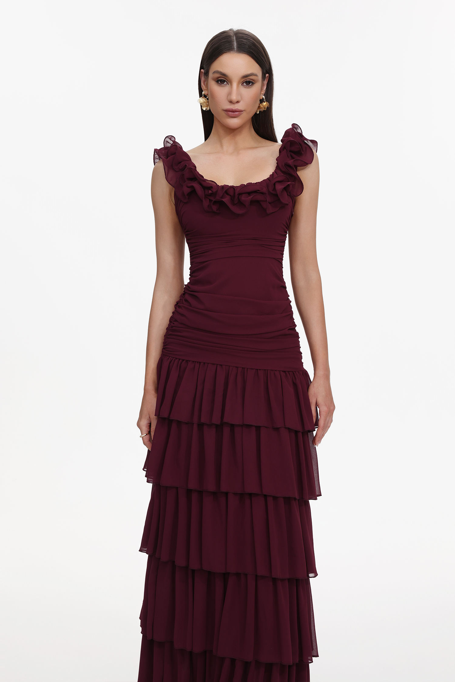 Vivien Romantic Flowy Sleeveless Ruched Ruffle Maxi Dress