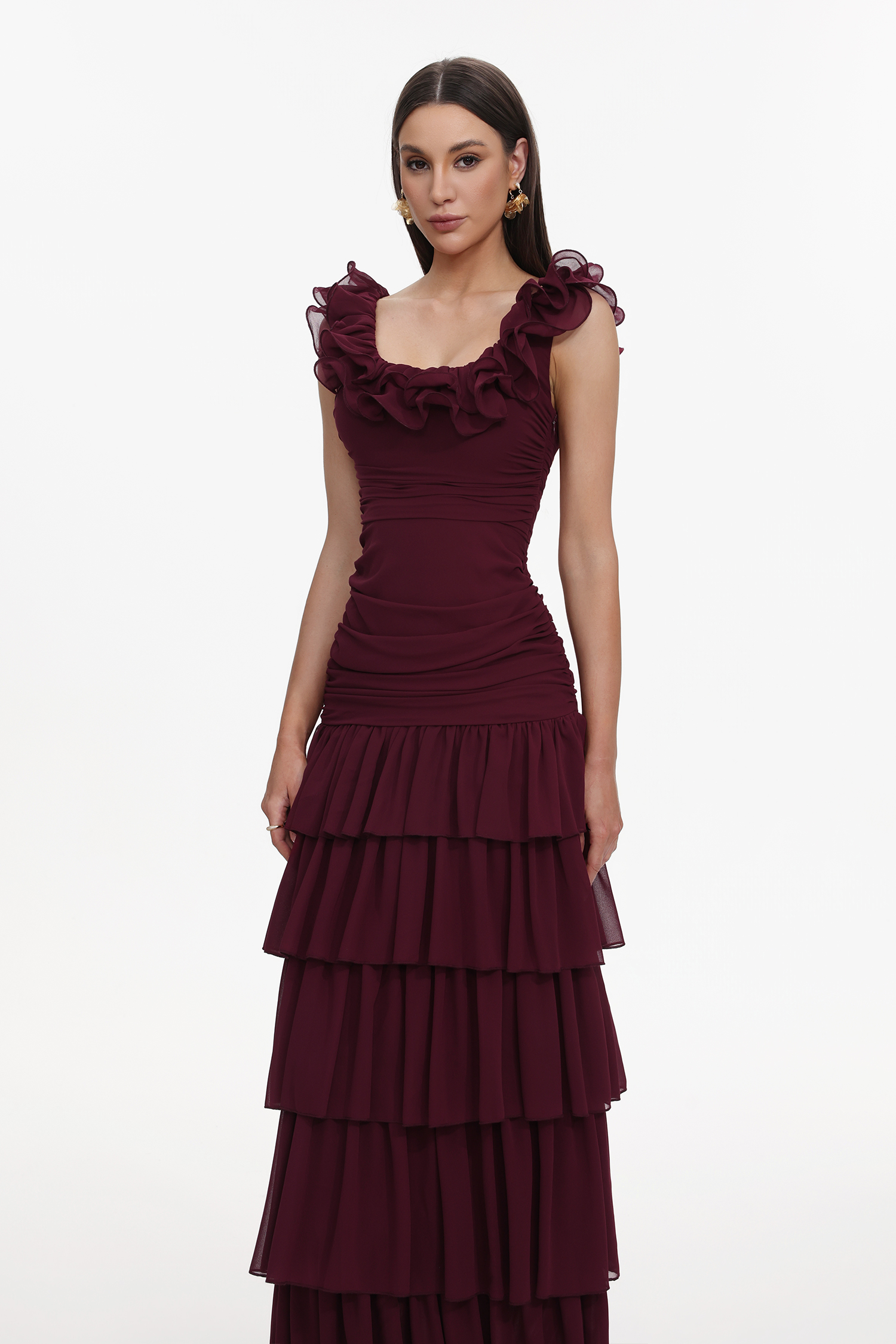 Vivien Romantic Flowy Sleeveless Ruched Ruffle Maxi Dress