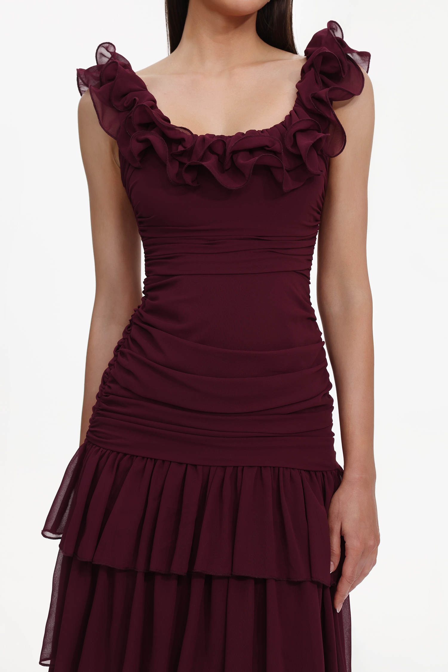 Vivien Romantic Flowy Sleeveless Ruched Ruffle Maxi Dress