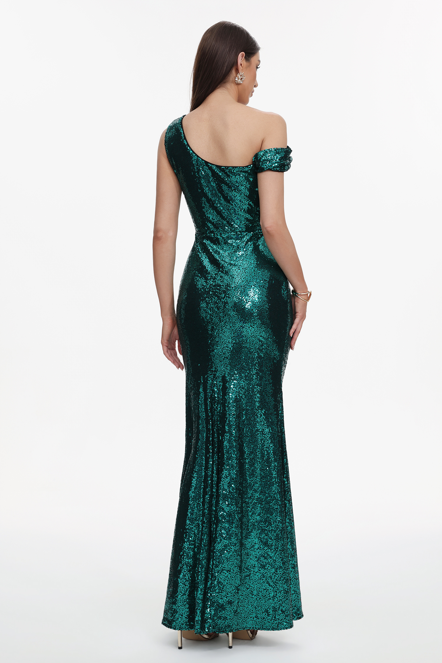 Paza Glamorous Contour Cowl Neck One Shoulder Ruched Sequin Maxi Dress