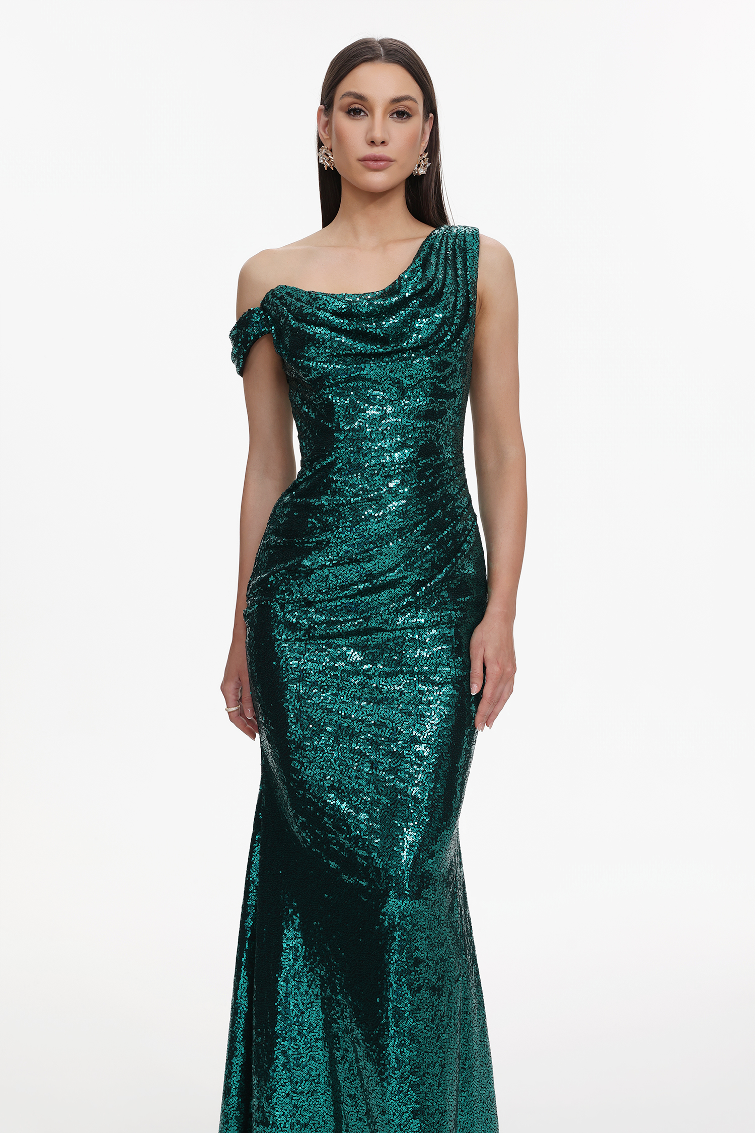 Paza Glamorous Contour Cowl Neck One Shoulder Ruched Sequin Maxi Dress