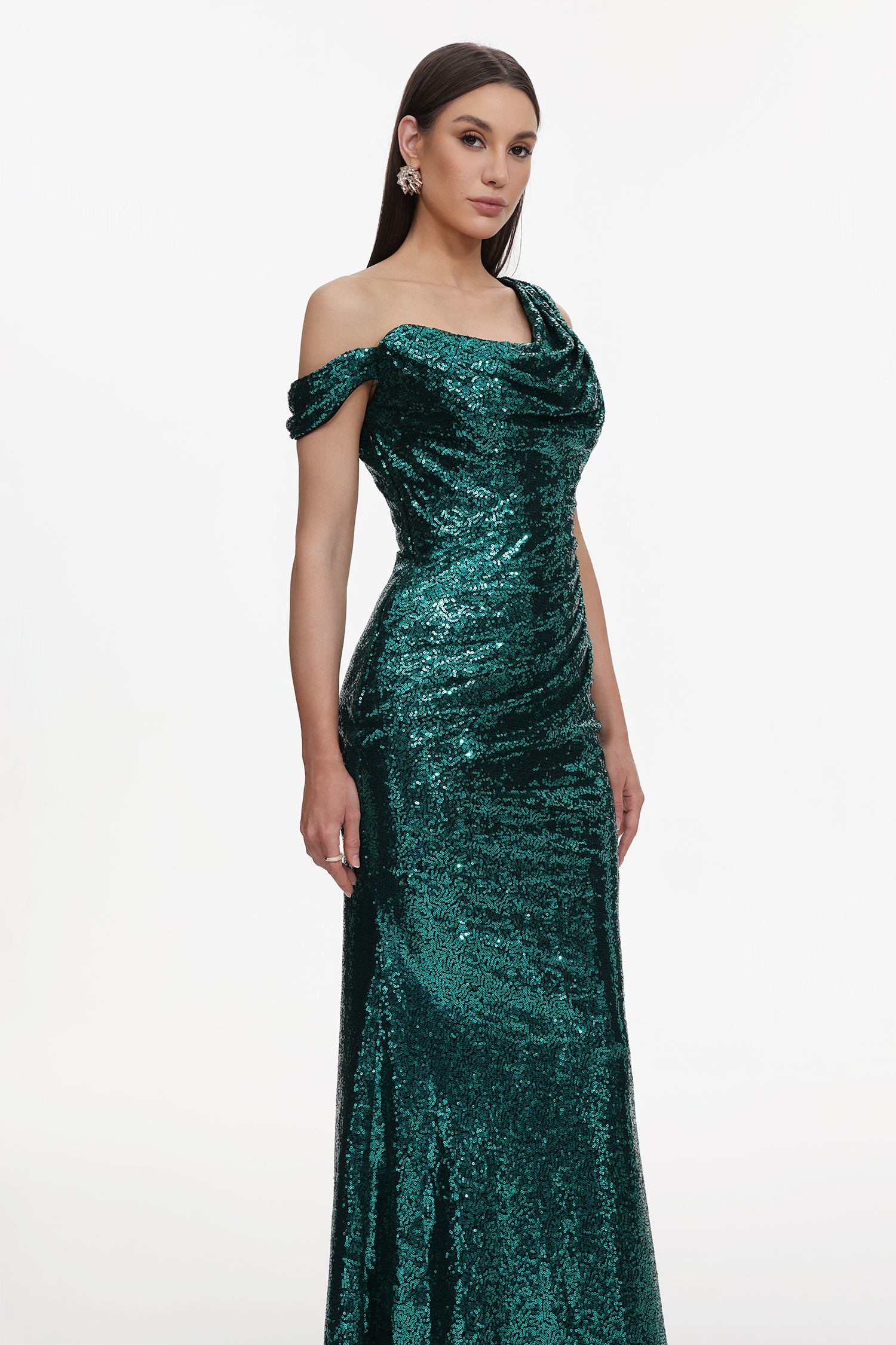 Paza Glamorous Contour Cowl Neck One Shoulder Ruched Sequin Maxi Dress