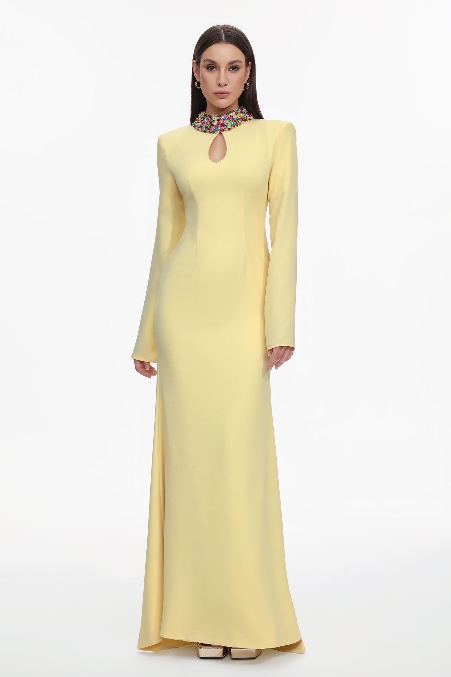 Ditala Elegant Tailored Cape Sleeve Cut Out Rhinestone Woven Maxi Dress