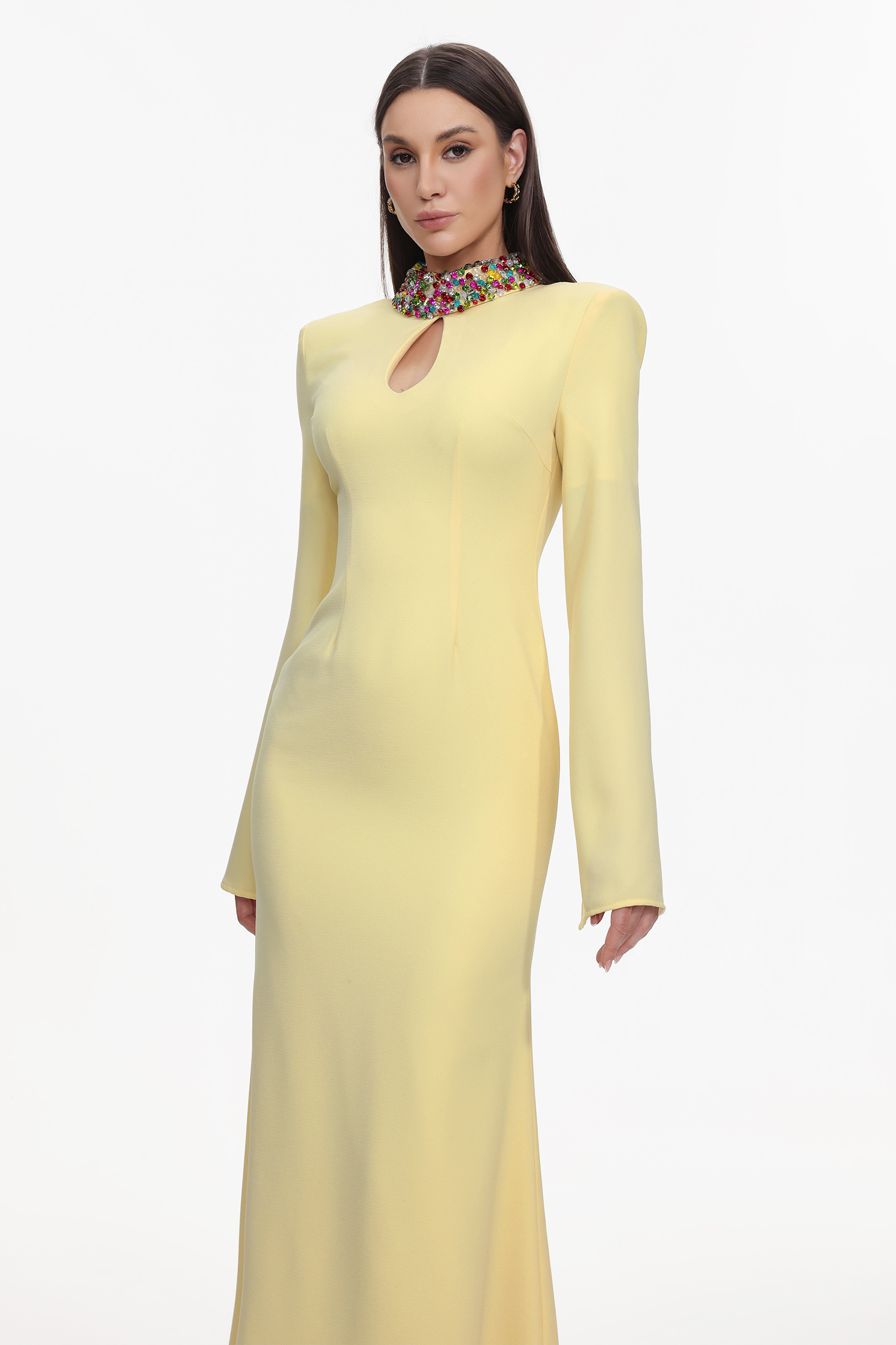 Ditala Elegant Tailored Cape Sleeve Cut Out Rhinestone Woven Maxi Dress