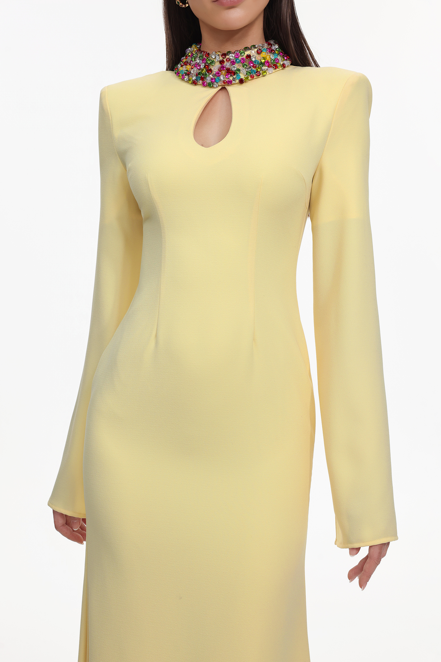 Ditala Elegant Tailored Cape Sleeve Cut Out Rhinestone Woven Maxi Dress