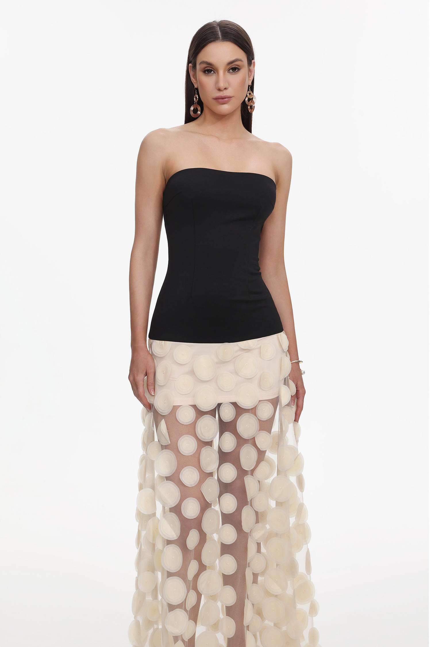 Falzer Sleeveless Netting Wafer Maxi Dress