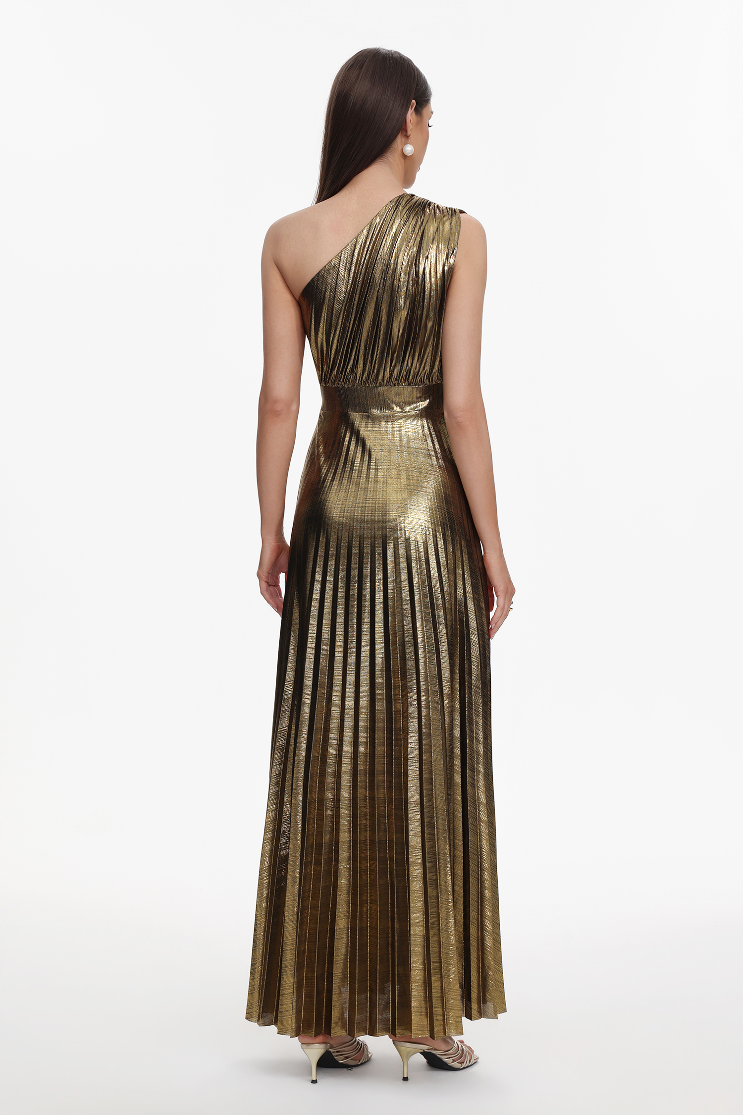 Yuni Glamorous Contour One Shoulder Pleated Metallic Maxi Dress