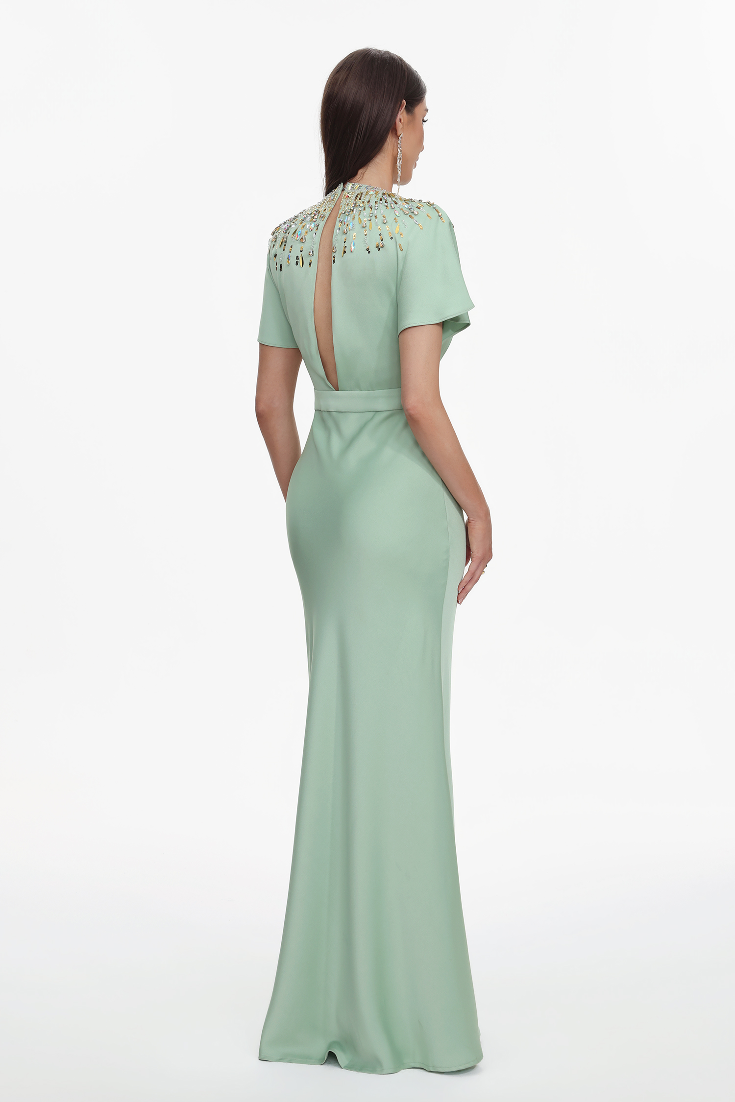 Lacey Elegant Tailored Short Sleeve Crystal Embellished Satin Maxi Dress