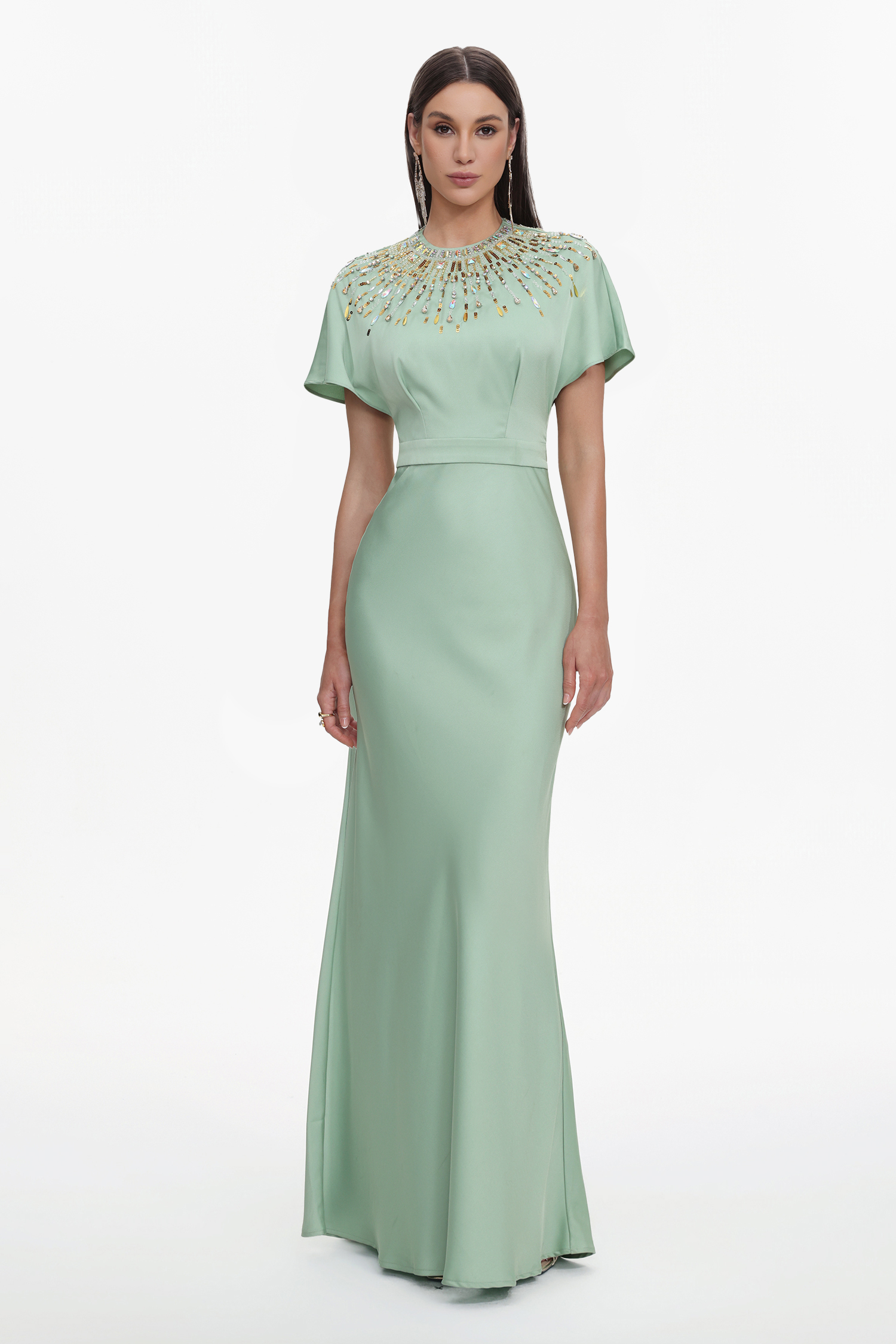 Lacey Elegant Tailored Short Sleeve Crystal Embellished Satin Maxi Dress