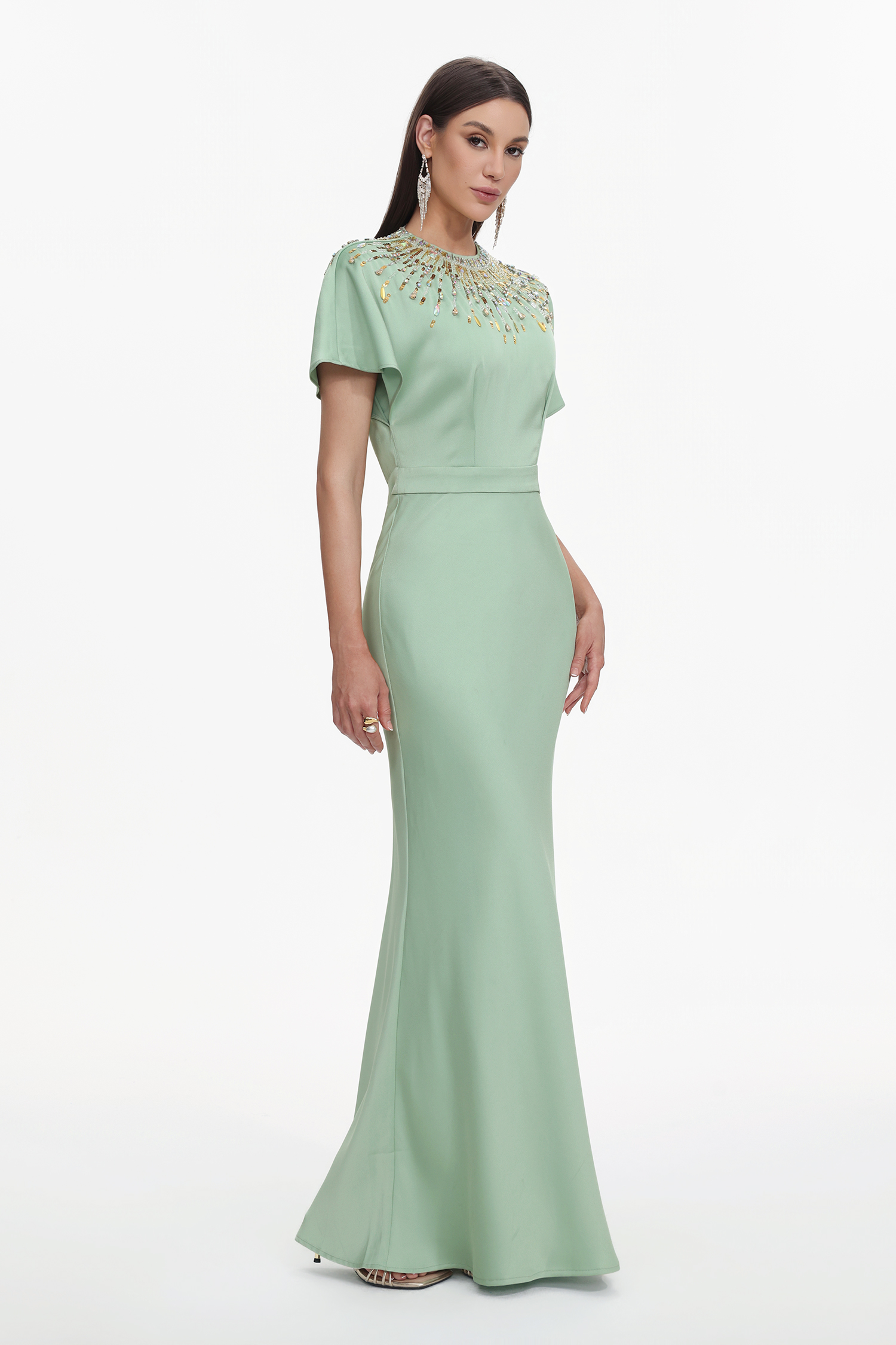 Lacey Elegant Tailored Short Sleeve Crystal Embellished Satin Maxi Dress