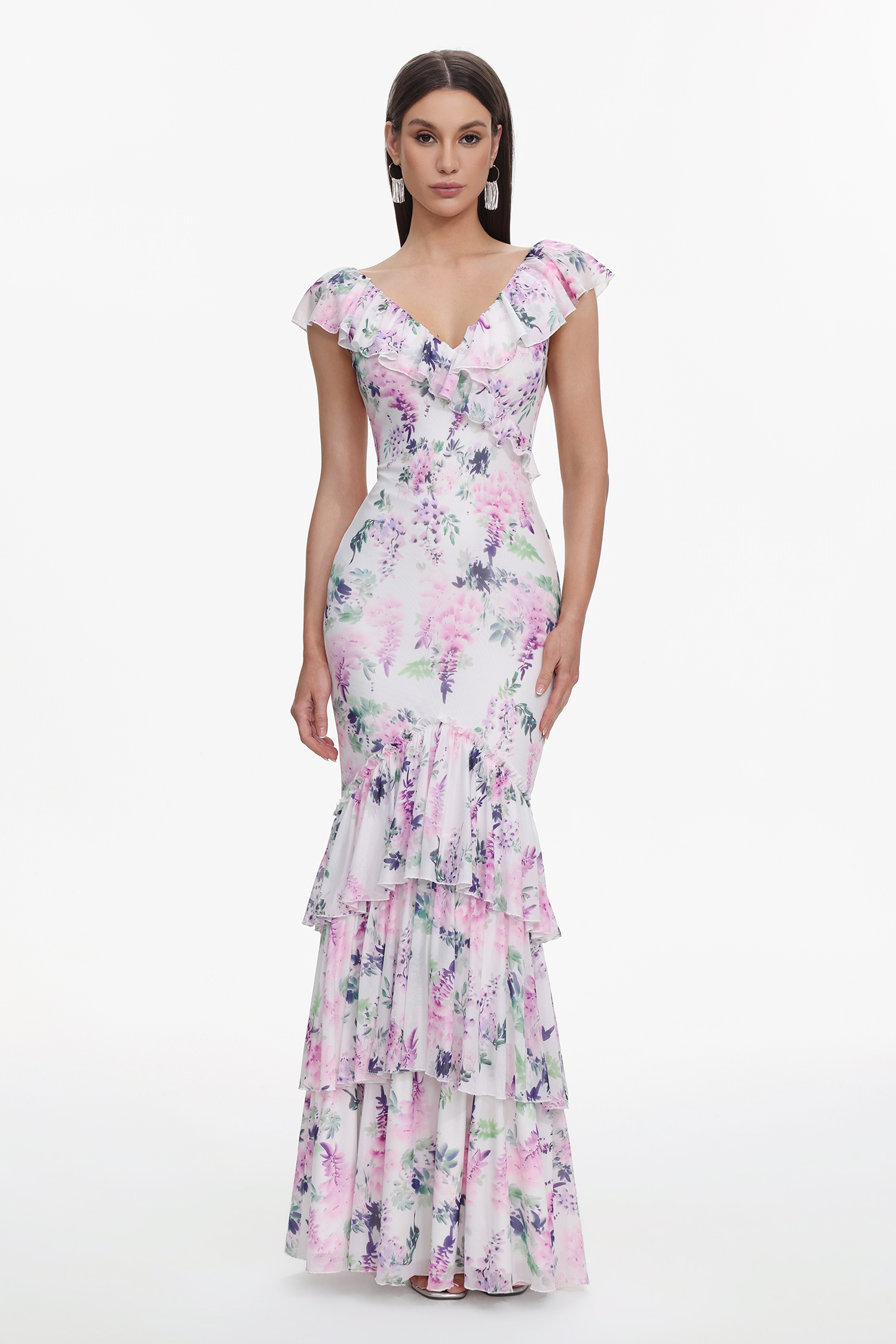 Lafesa Romantic Flowy V Neck Sleeveless Ruffle Floral Print Maxi Dress