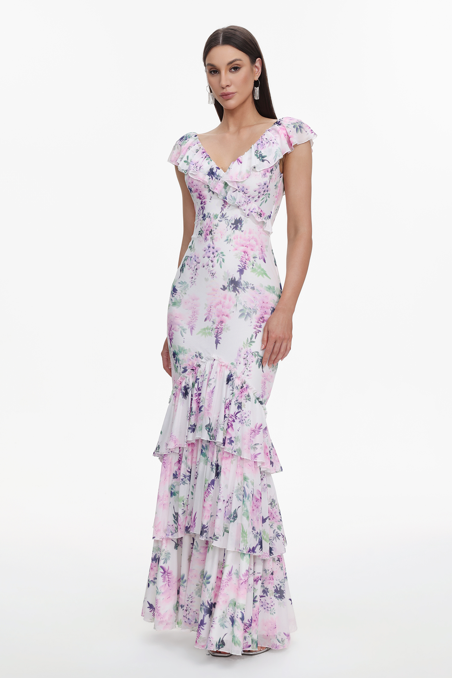 Lafesa Romantic Flowy V Neck Sleeveless Ruffle Floral Print Maxi Dress