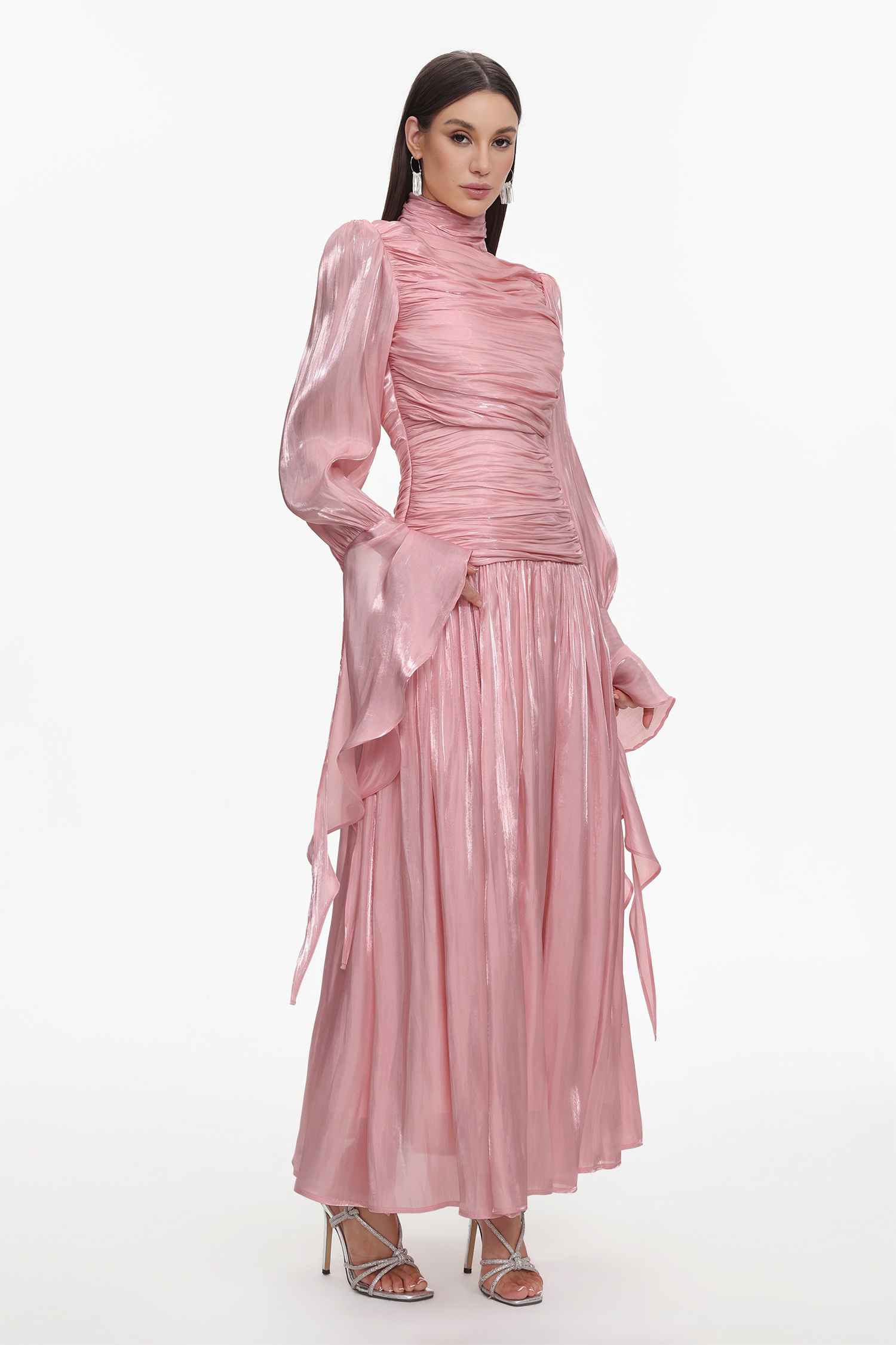 Viky Resort Waist-Defining Long Sleeve Ruched Woven Dark Pink Maxi Dress