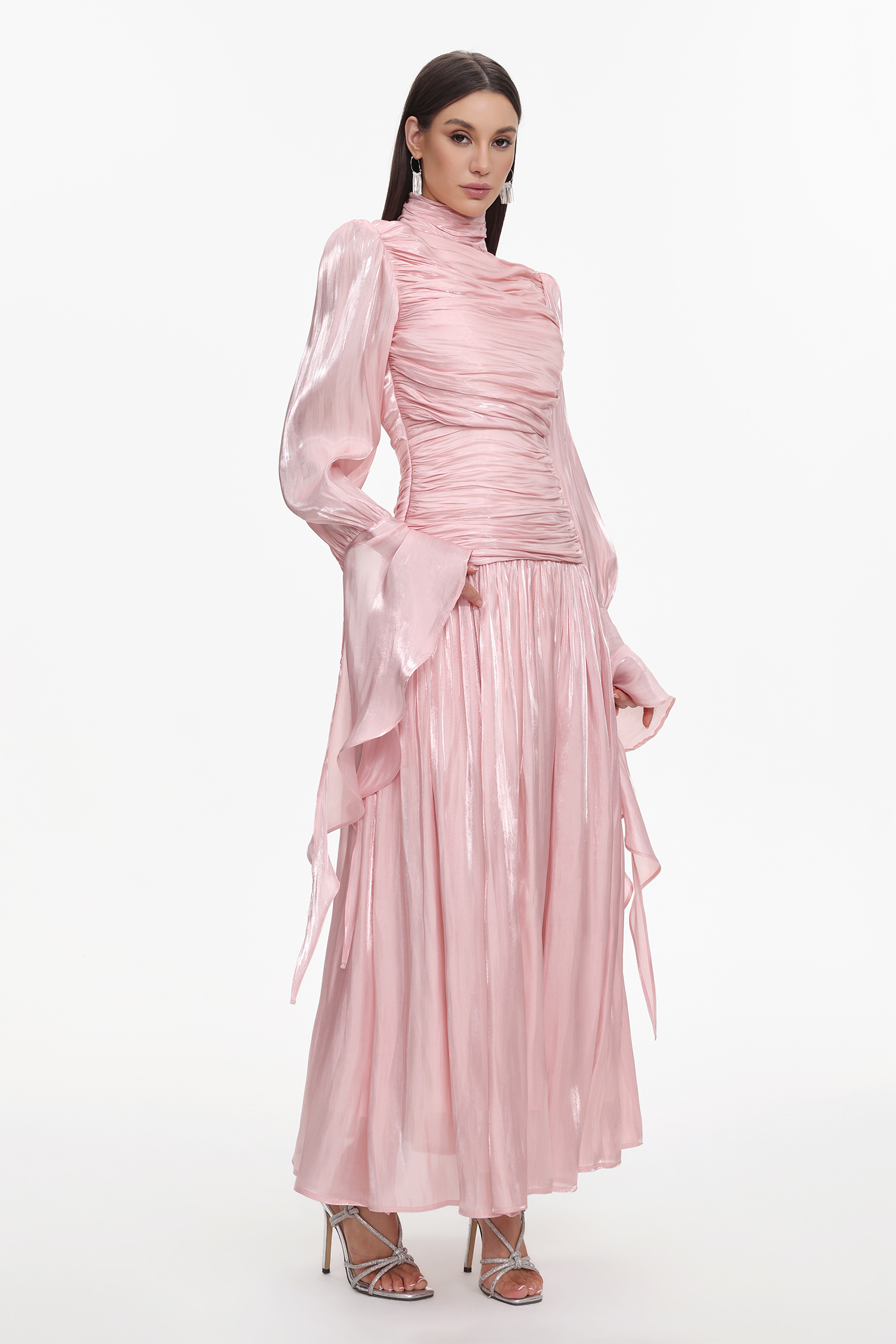 Viky Resort Waist-Defining Long Sleeve Ruched Woven Maxi Dress
