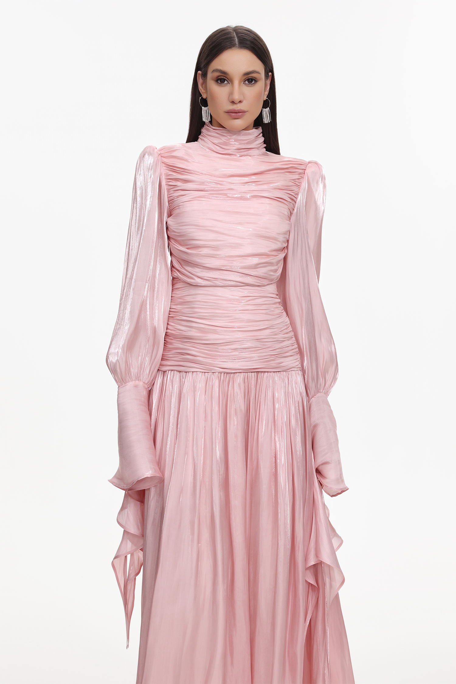 Viky Resort Waist-Defining Long Sleeve Ruched Woven Maxi Dress