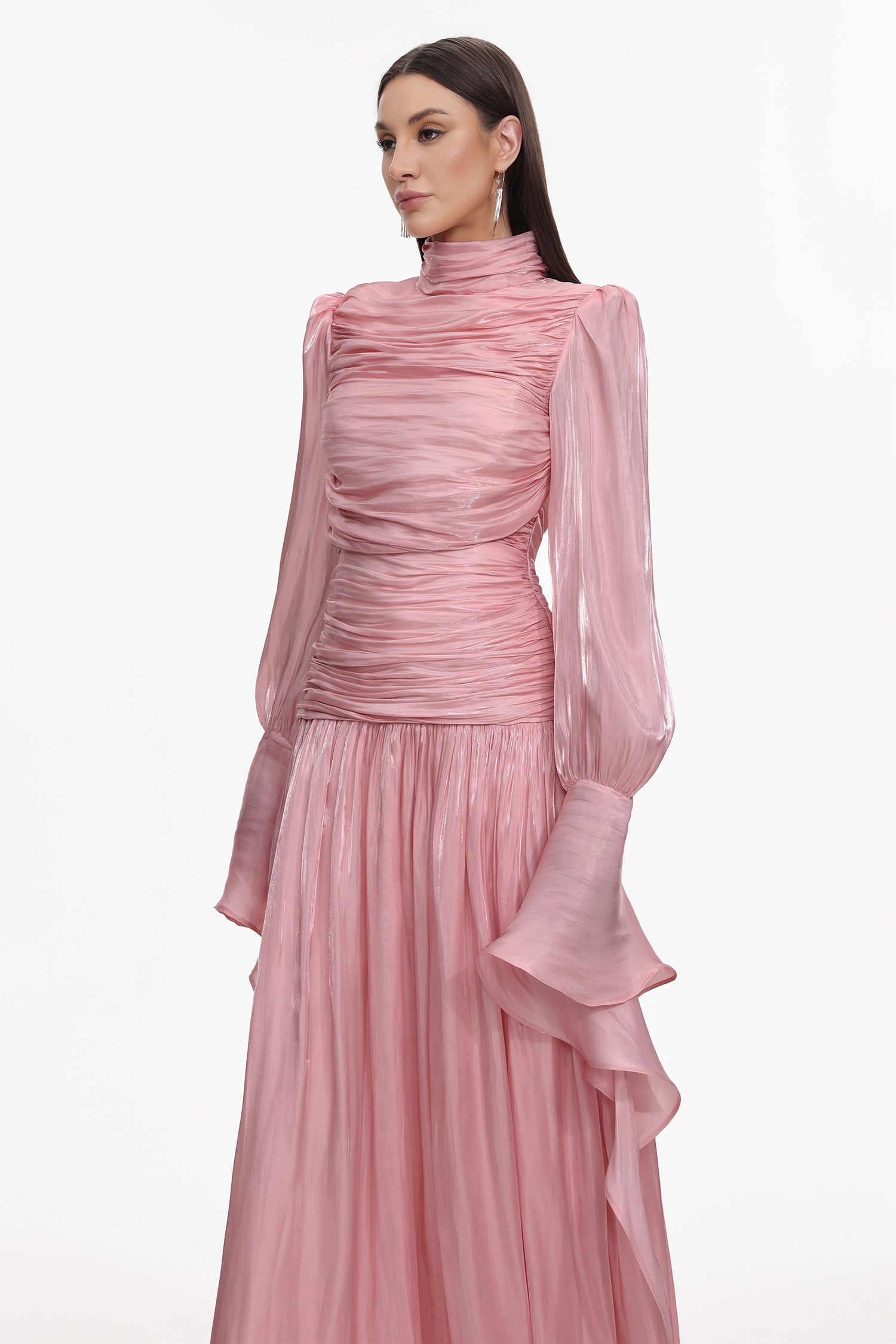 Viky Resort Waist-Defining Long Sleeve Ruched Woven Dark Pink Maxi Dress