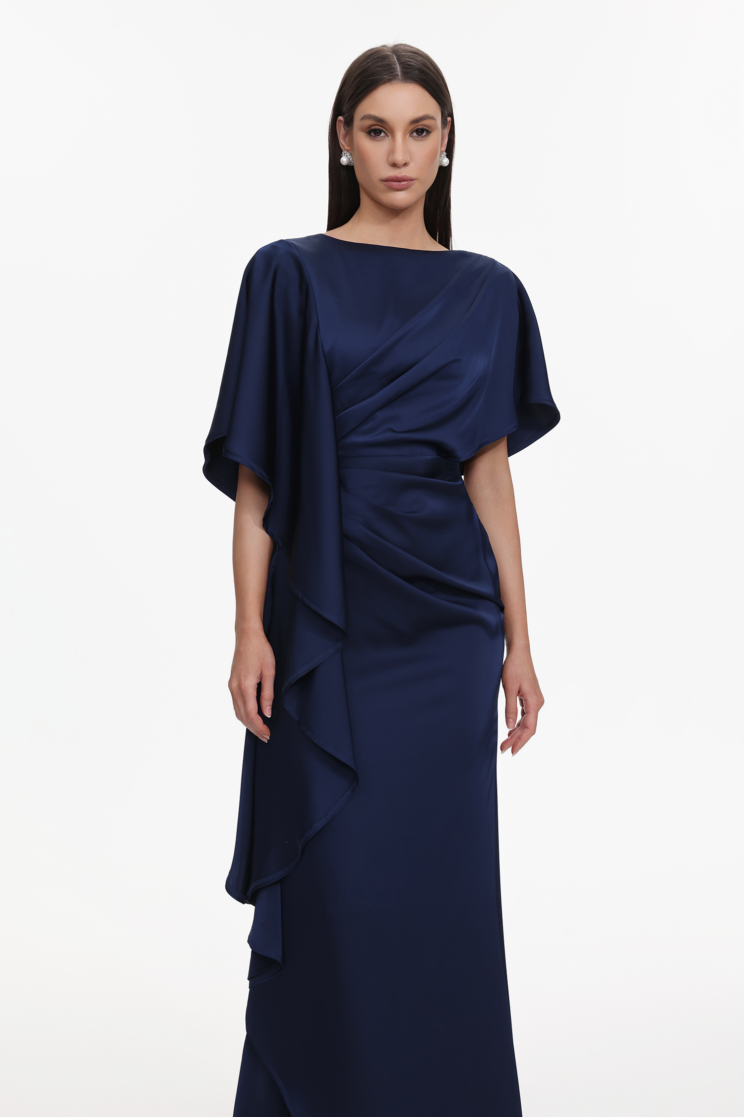 Lave Elegant Flowy Pleated Ruffle Satin Maxi Dress