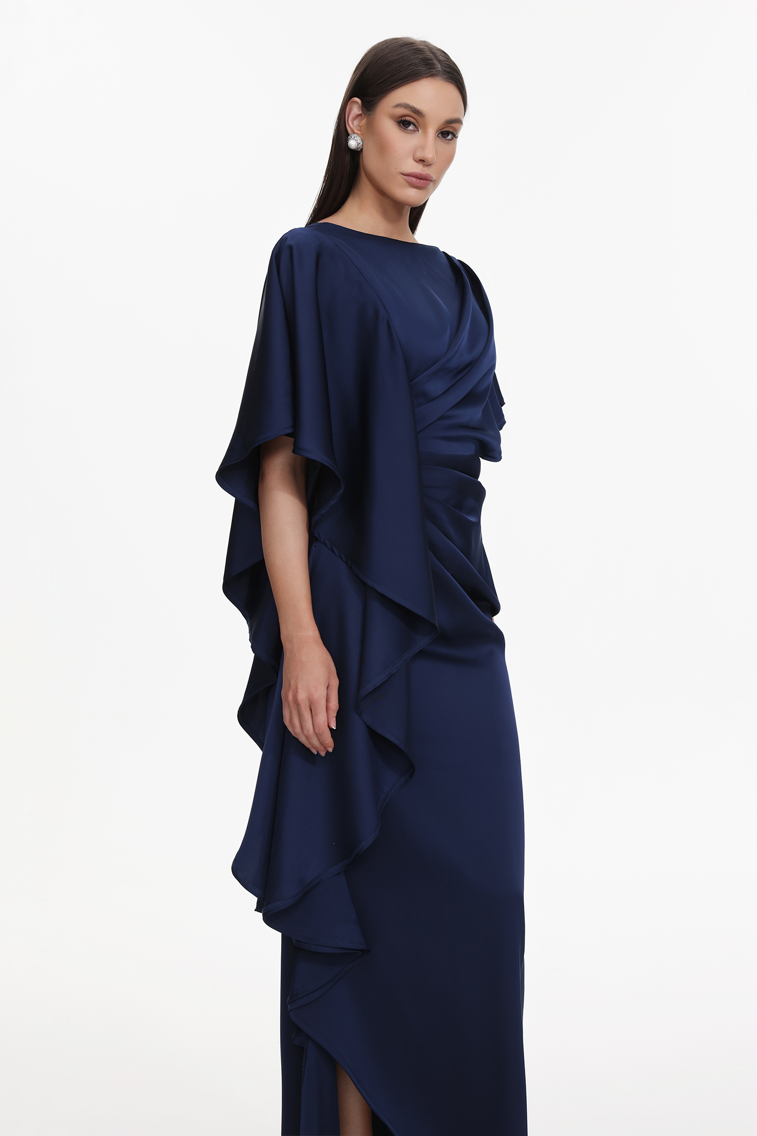 Lave Elegant Flowy Pleated Ruffle Satin Maxi Dress