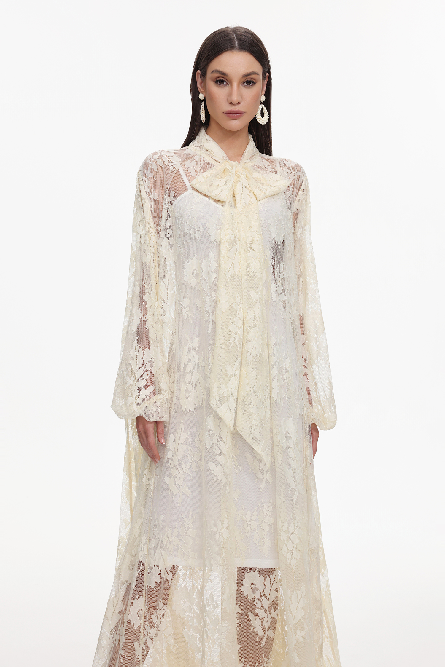 Deliyn Resort Flowy Long Sleeve Embroidered Mesh Lace Yellow Maxi Dress