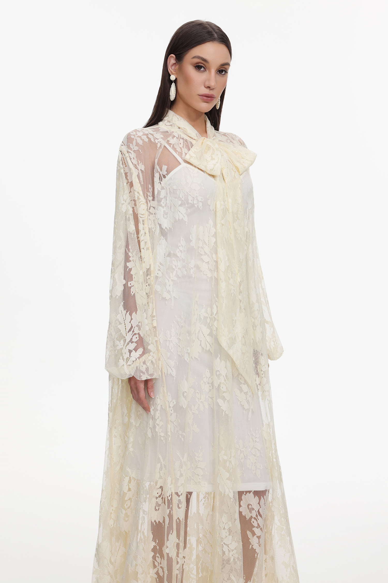 Deliyn Resort Flowy Long Sleeve Embroidered Mesh Lace Yellow Maxi Dress