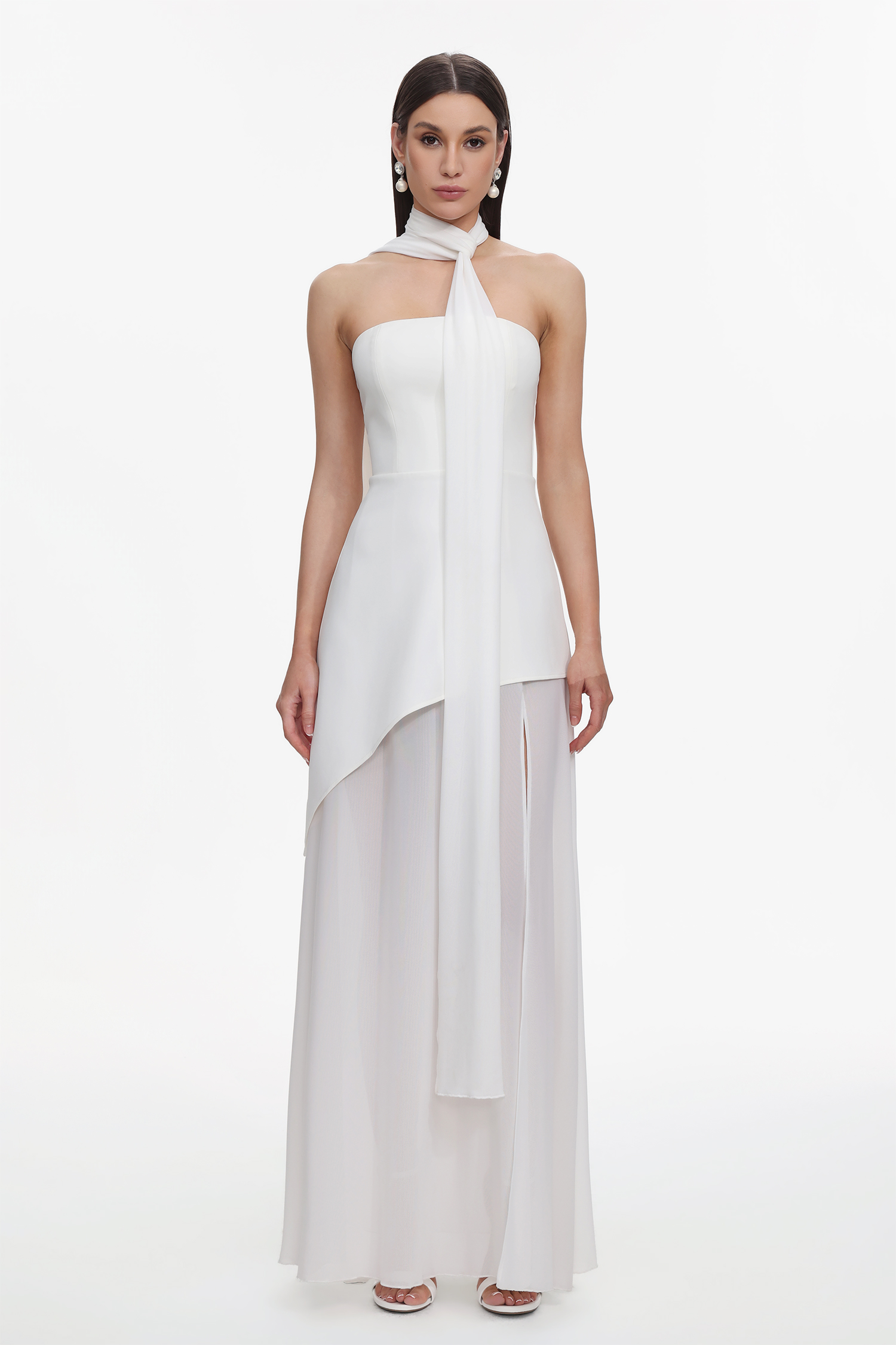 Kater Elegant Tailored Strapless Woven Mesh Maxi Dress