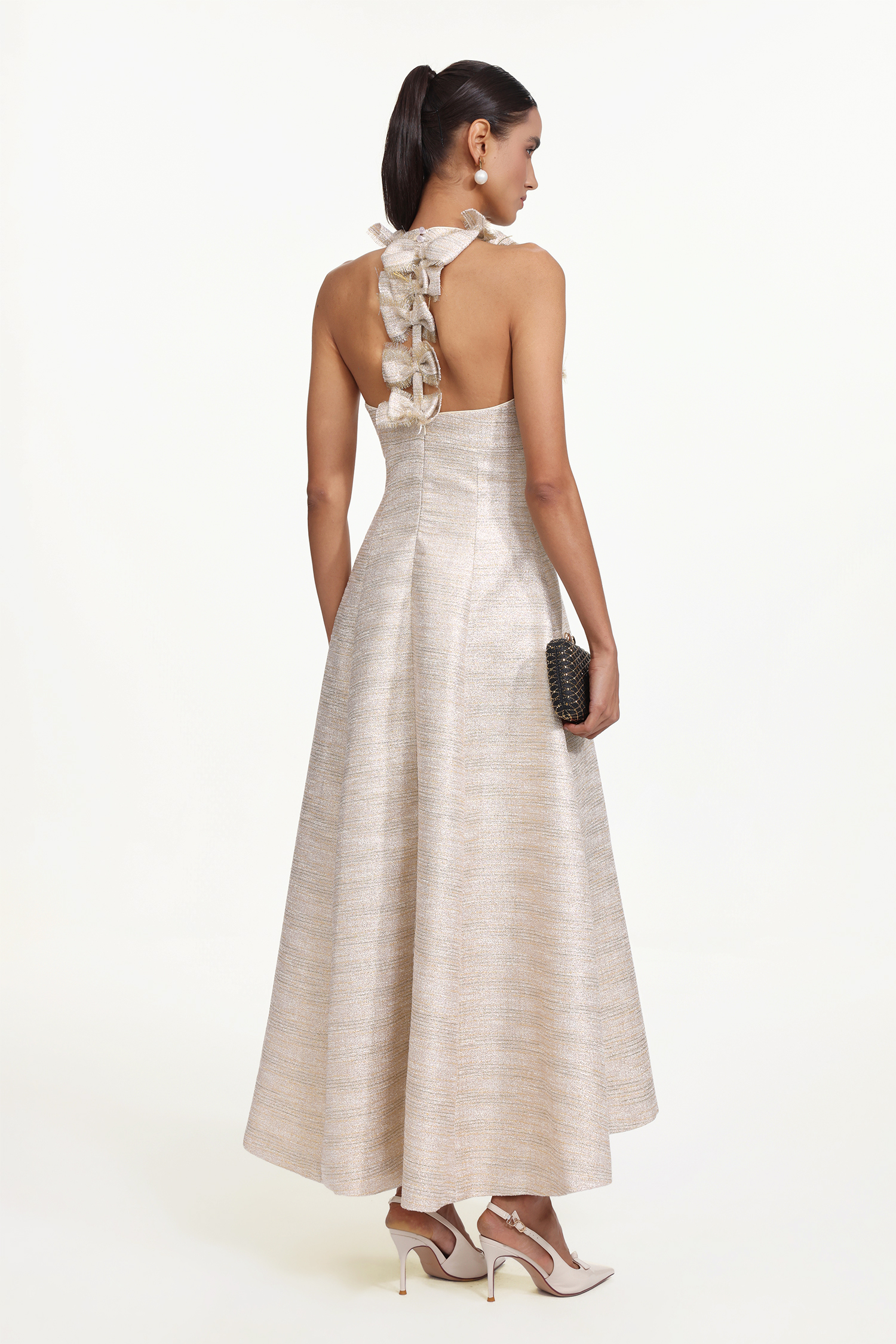 Ksenia Elegant Tailored Halter Floral Appliqué Pearl Maxi Dress