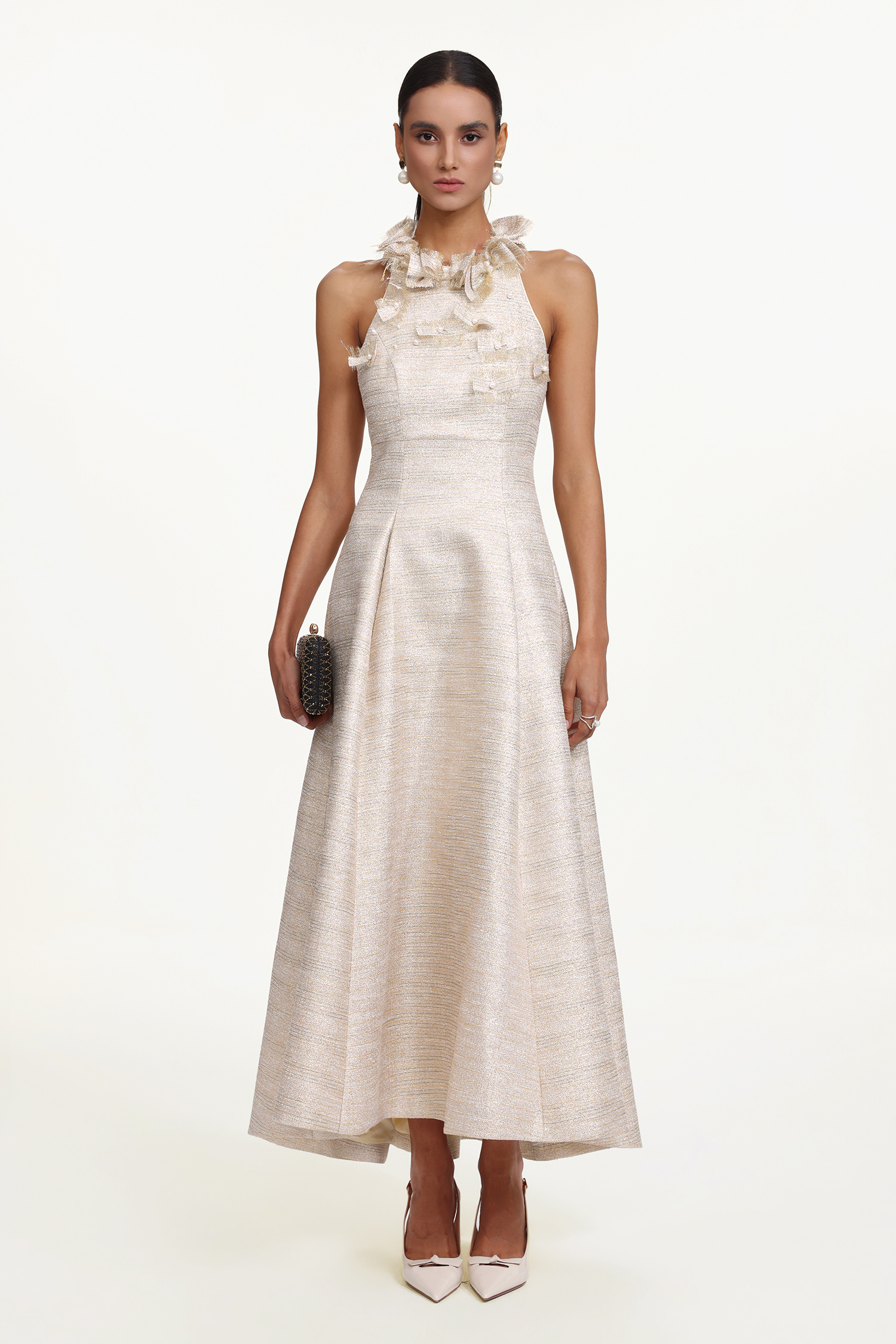 Ksenia Elegant Tailored Halter Floral Appliqué Pearl Maxi Dress