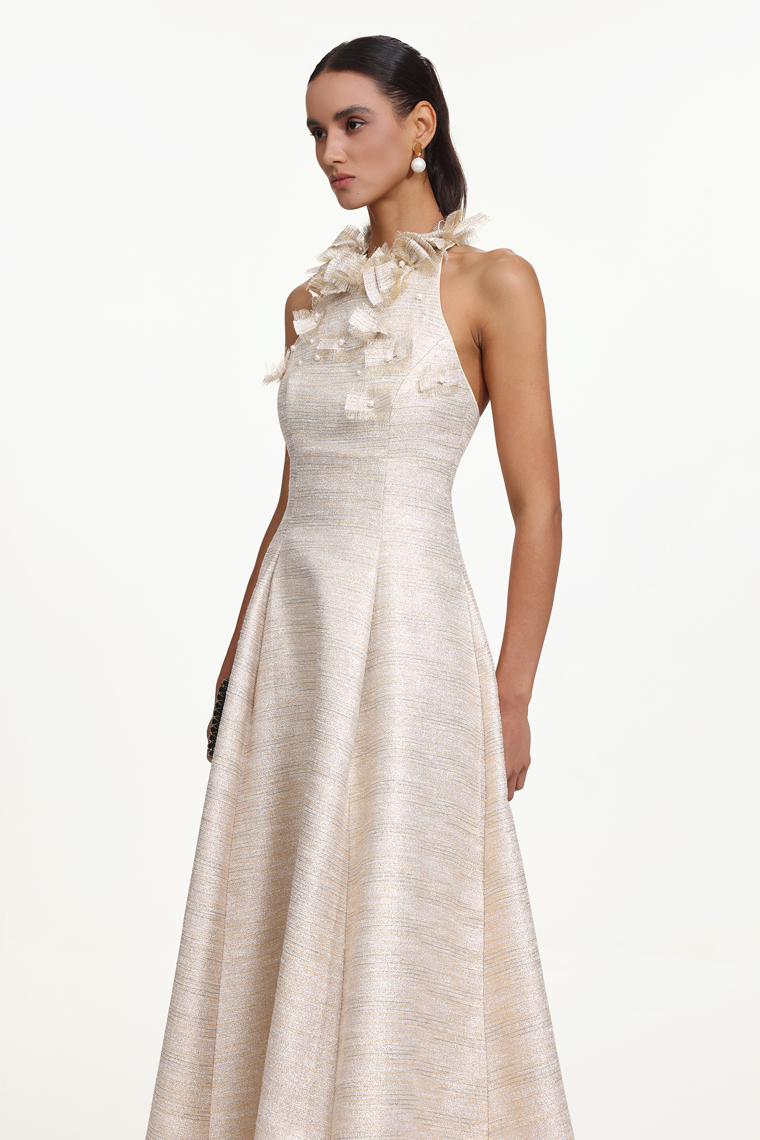 Ksenia Elegant Tailored Halter Floral Appliqué Pearl Maxi Dress