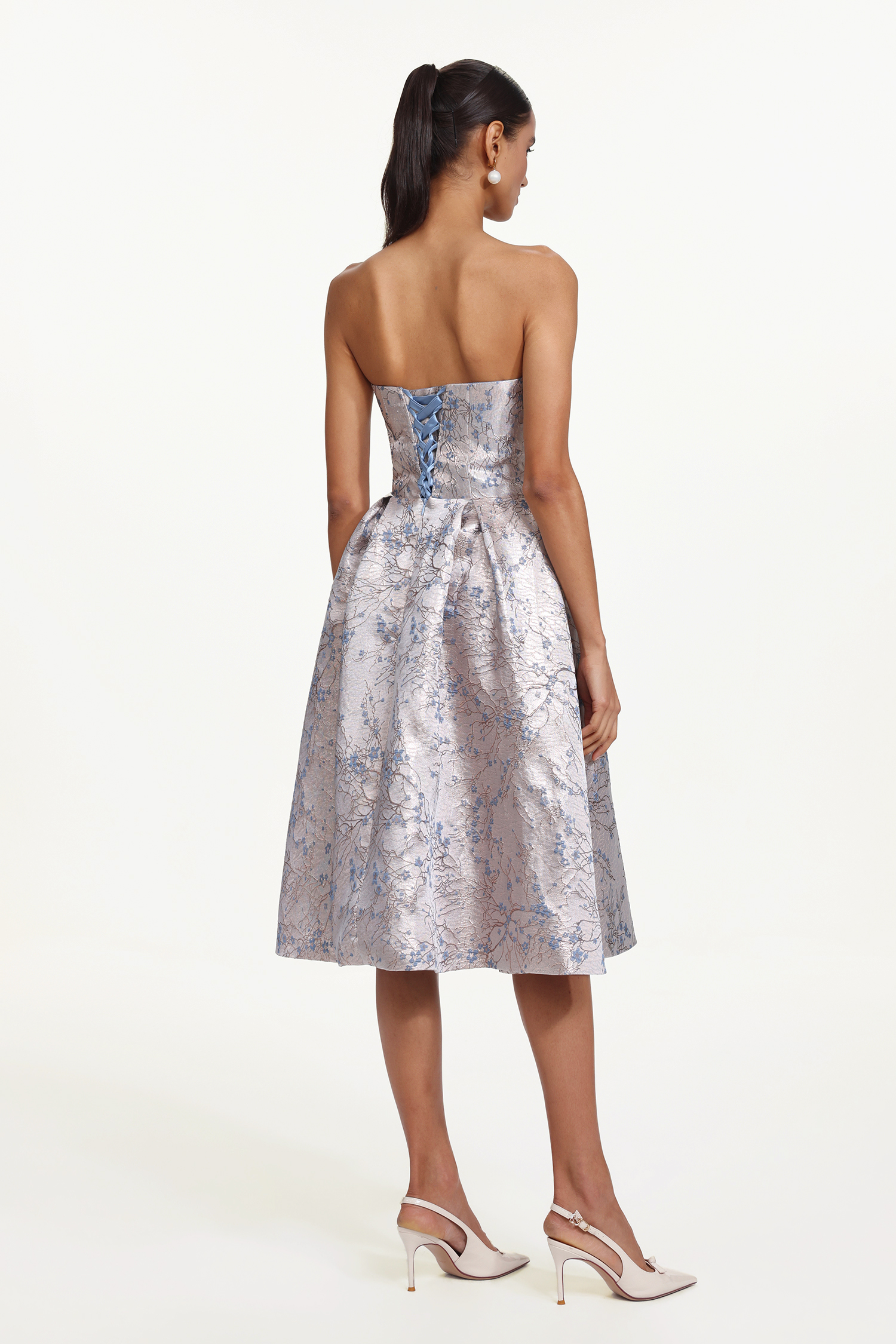 Valo Elegant Tailored Strapless Floral Jacquard Maxi Dress