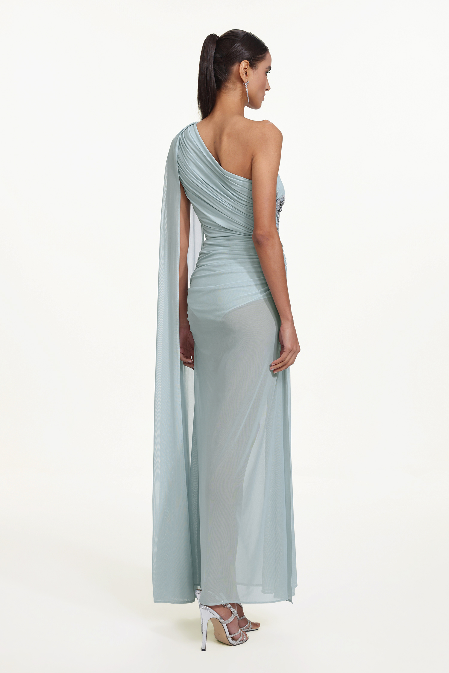 Kaylee Elegant Flowy One Shoulder Sequin Embroidered Ruched Mesh Maxi Dress