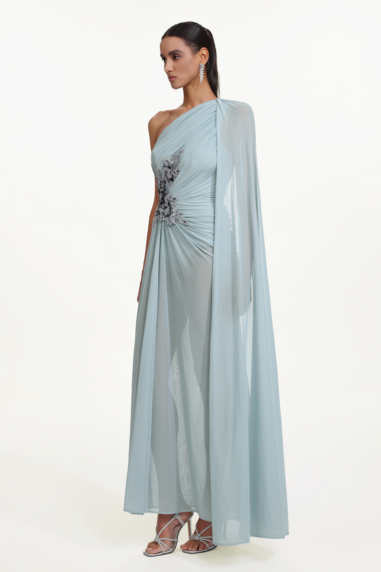 Kaylee Elegant Flowy One Shoulder Sequin Embroidered Ruched Mesh Maxi Dress