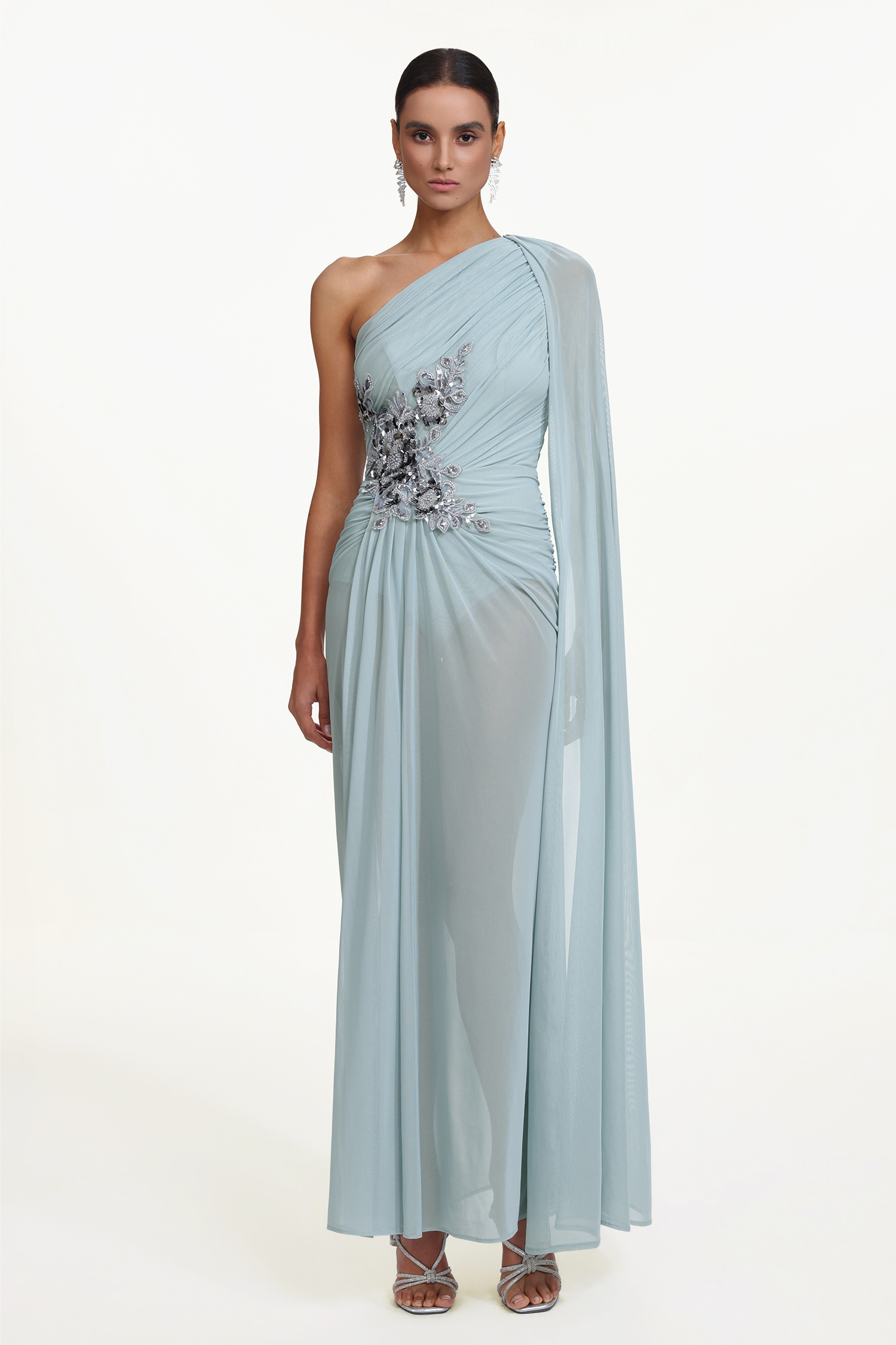 Kaylee Elegant Flowy One Shoulder Sequin Embroidered Ruched Mesh Maxi Dress