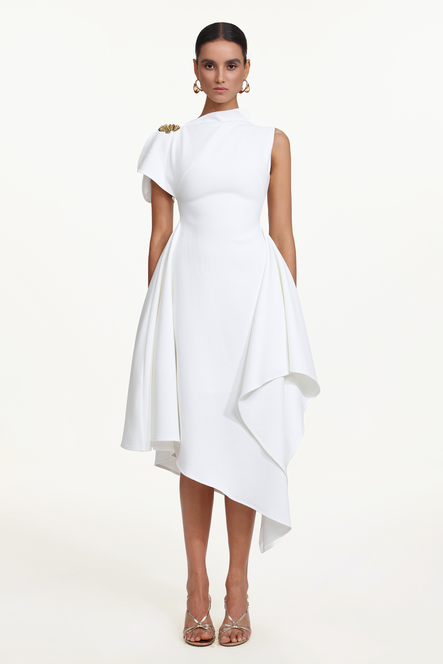 Weren Elegant Contour High Neck Asymmetric Maxi Dress