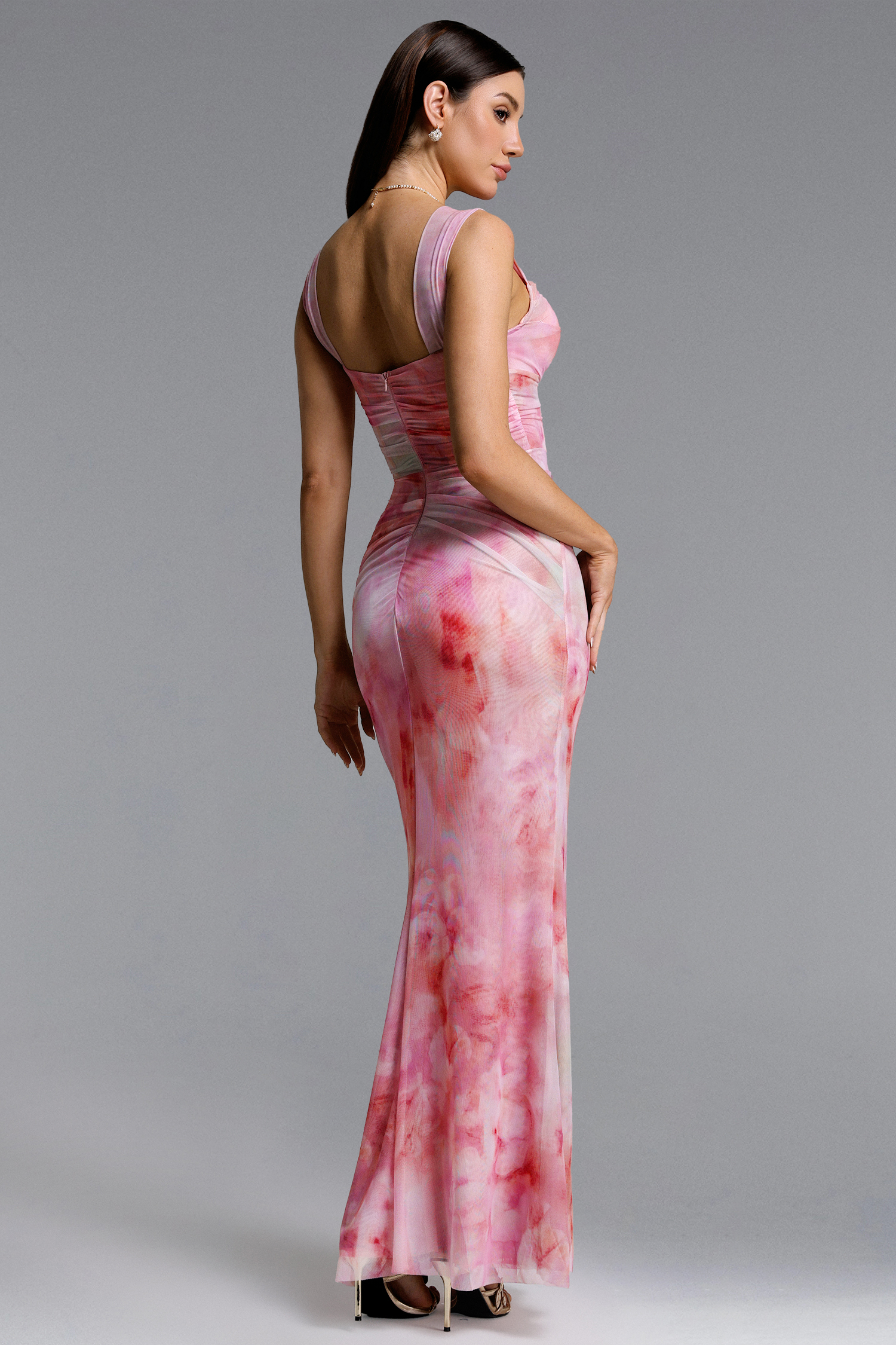 Pinky Romantic Contour Off Shoulder Ruched Print Maxi Dress