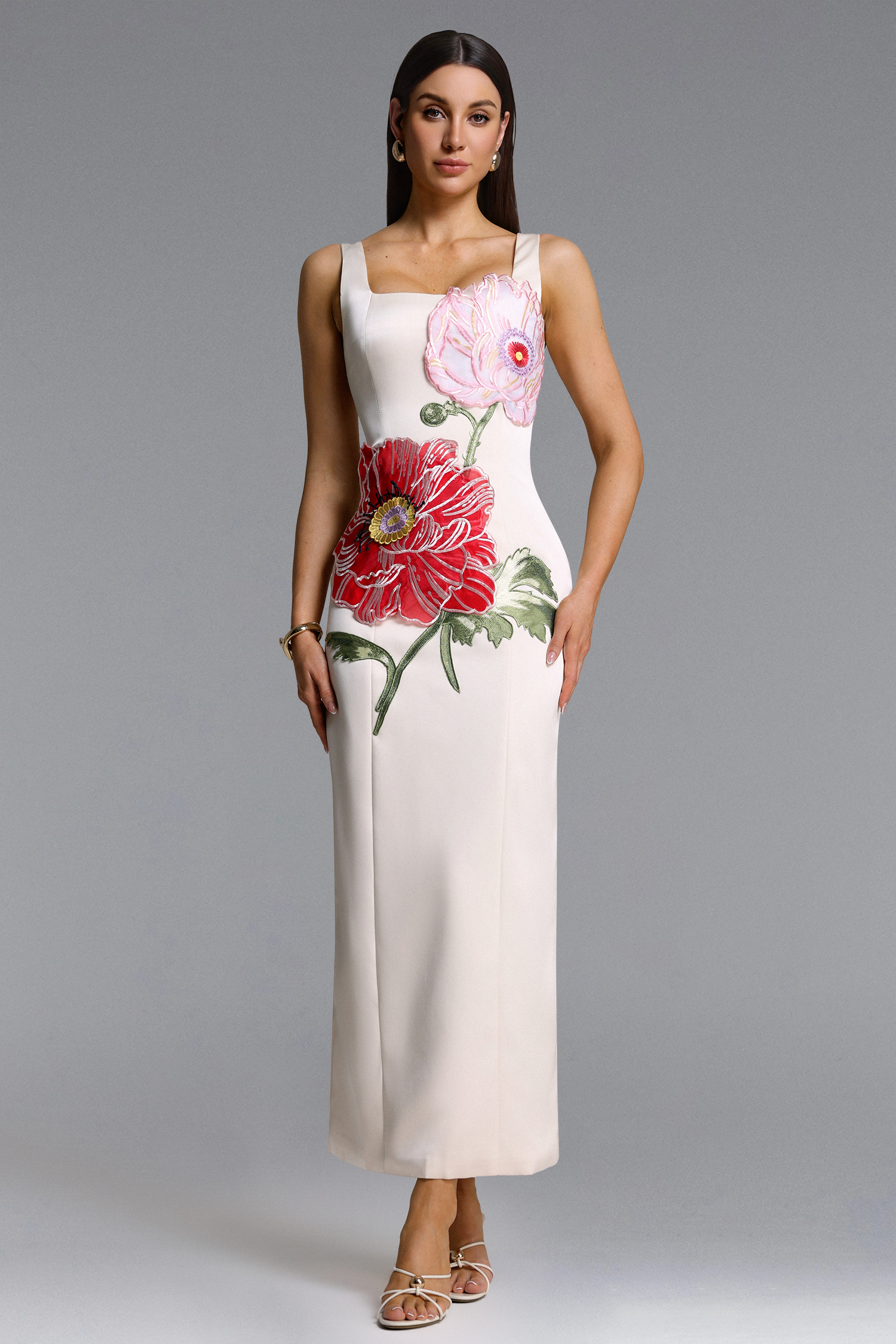 Mallen Romantic Contour Sleeveless Square Neck Floral Appique White Maxi Dress