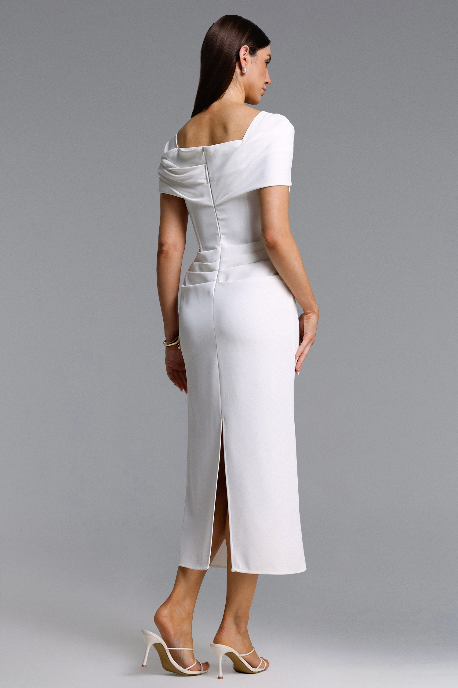 Minola Elegant Tailored Off Shoulder Pleated Woven Maxi Dress