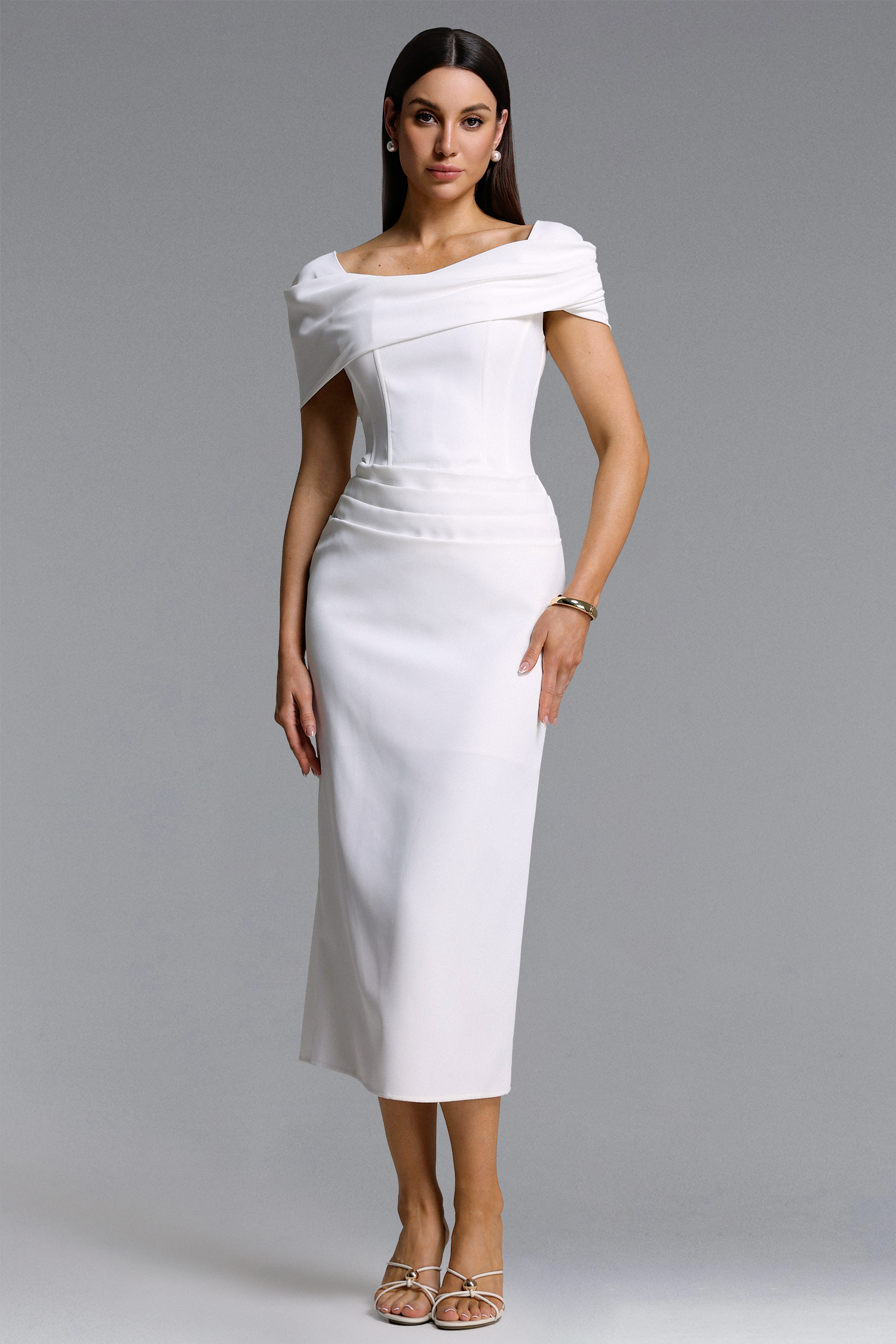 Minola Elegant Tailored Off Shoulder Pleated Woven Maxi Dress