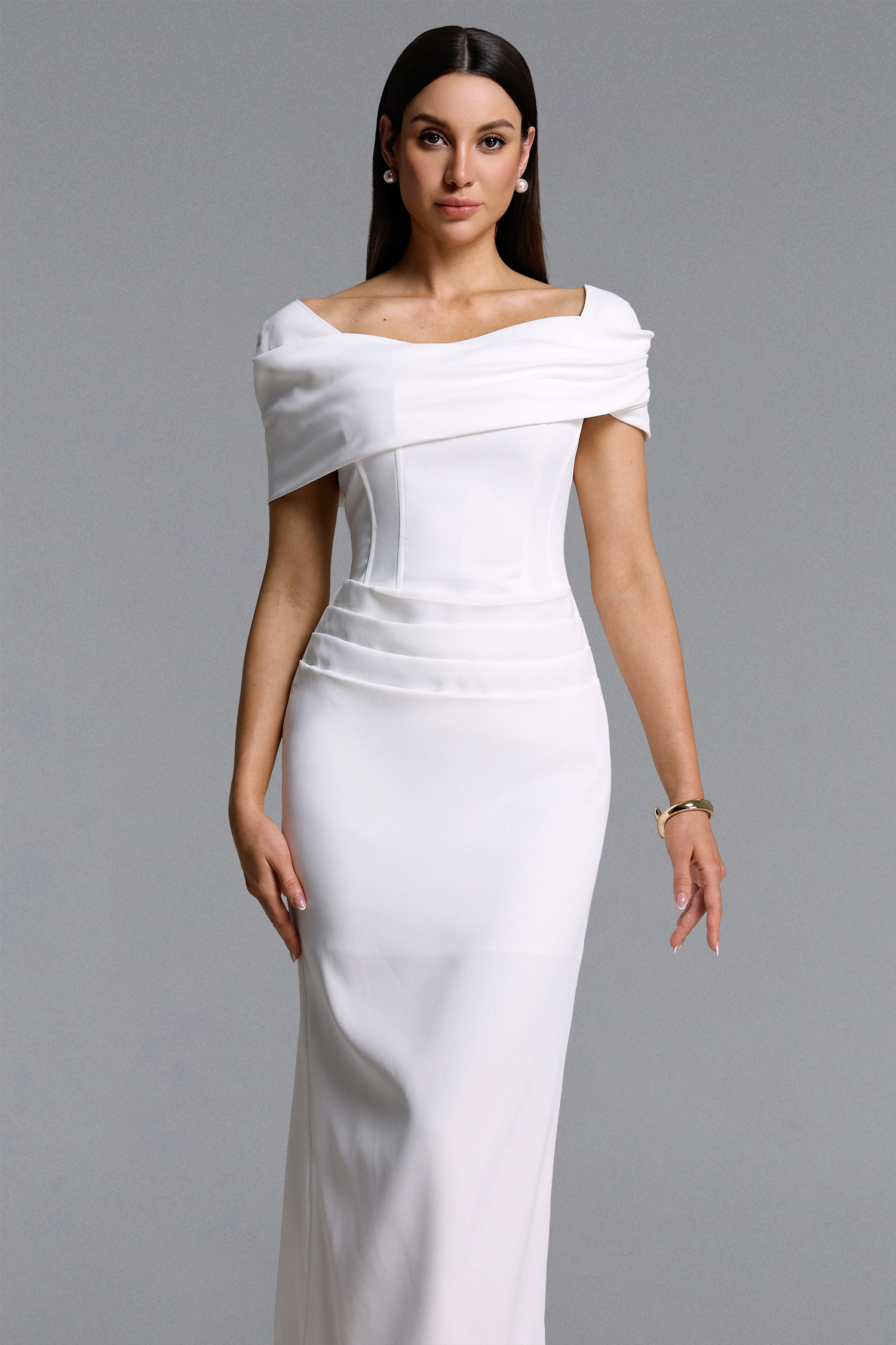 Minola Elegant Tailored Off Shoulder Pleated Woven Maxi Dress