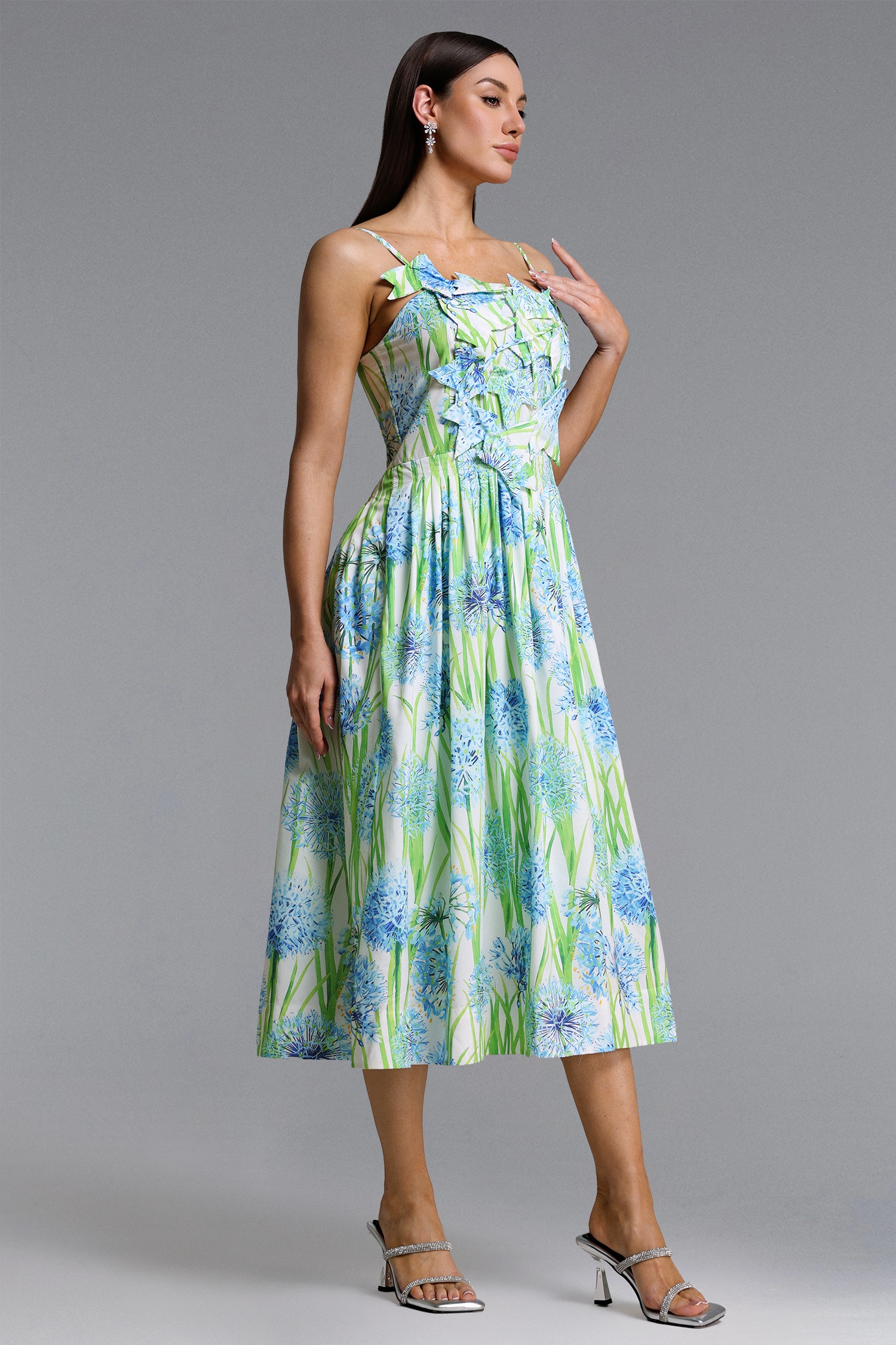 Zada Elegant Romantic Floral Print Pleated Maxi Dress