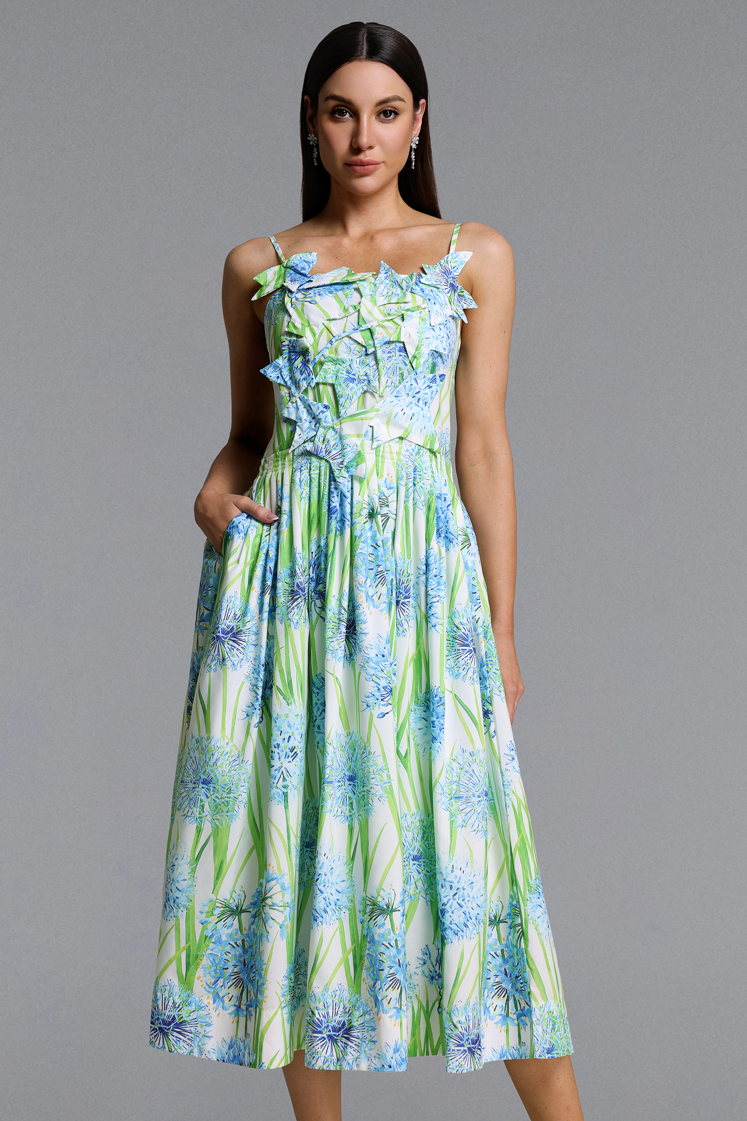 Zada Elegant Romantic Floral Print Pleated Maxi Dress