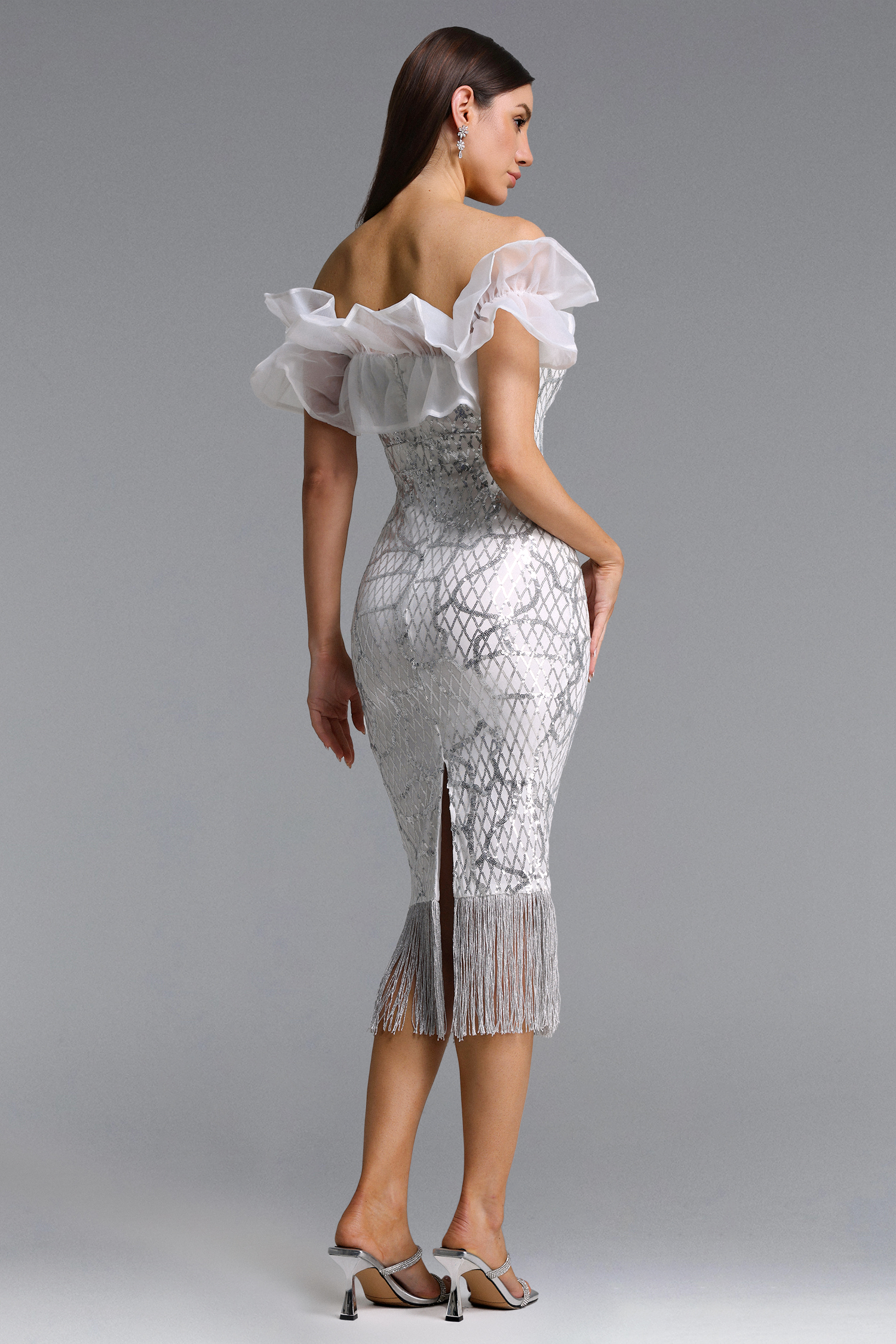 Loyisa Chic Contour Off Shoulder Sequin Fringe Midi Dress