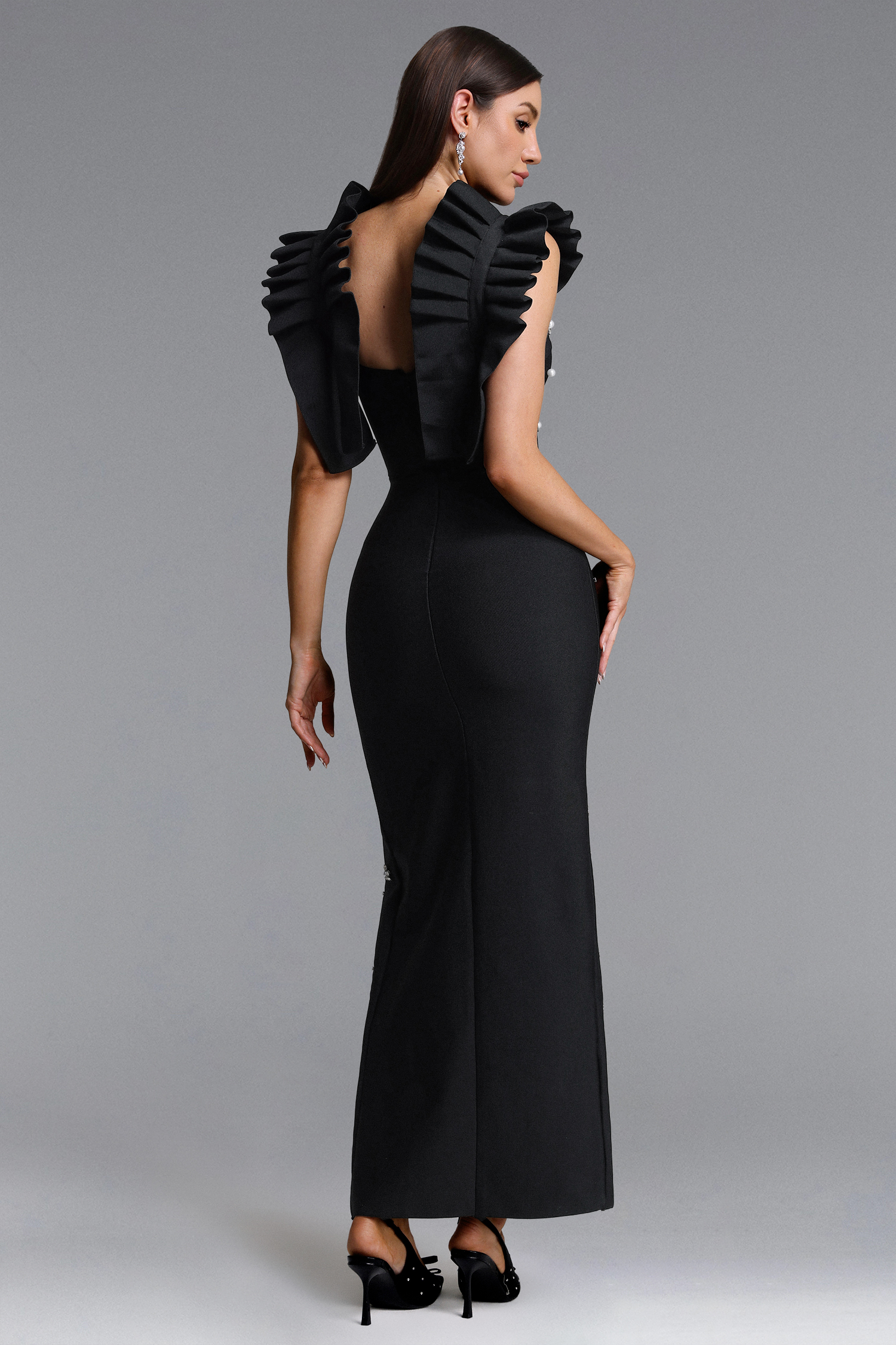 Diliro Chic Contour Pleated Strap Rhinestone Bandage Maxi Dress