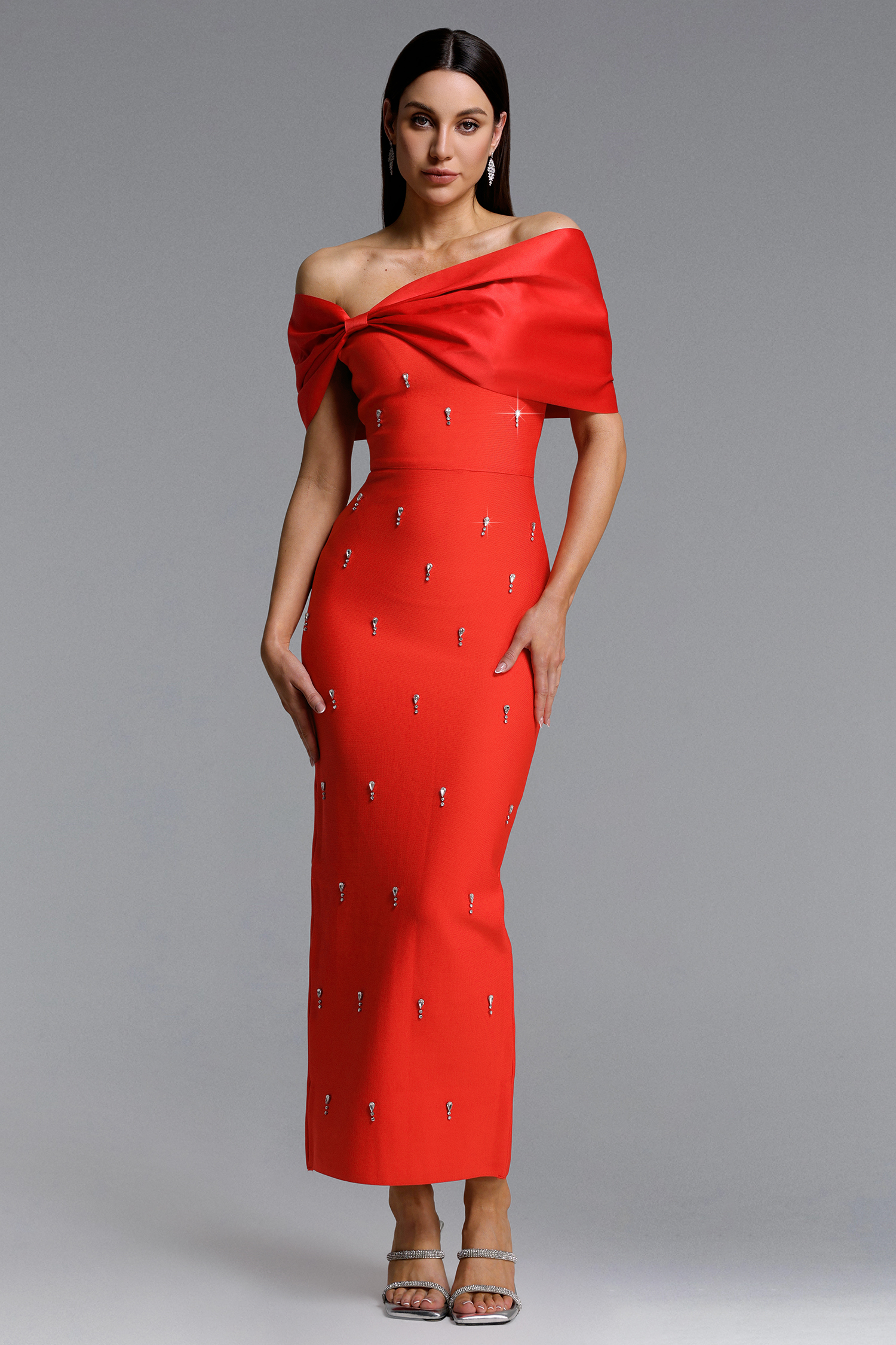 Palez Sleeveless One Shoulder Diamond Bow Bandage Maxi Dress