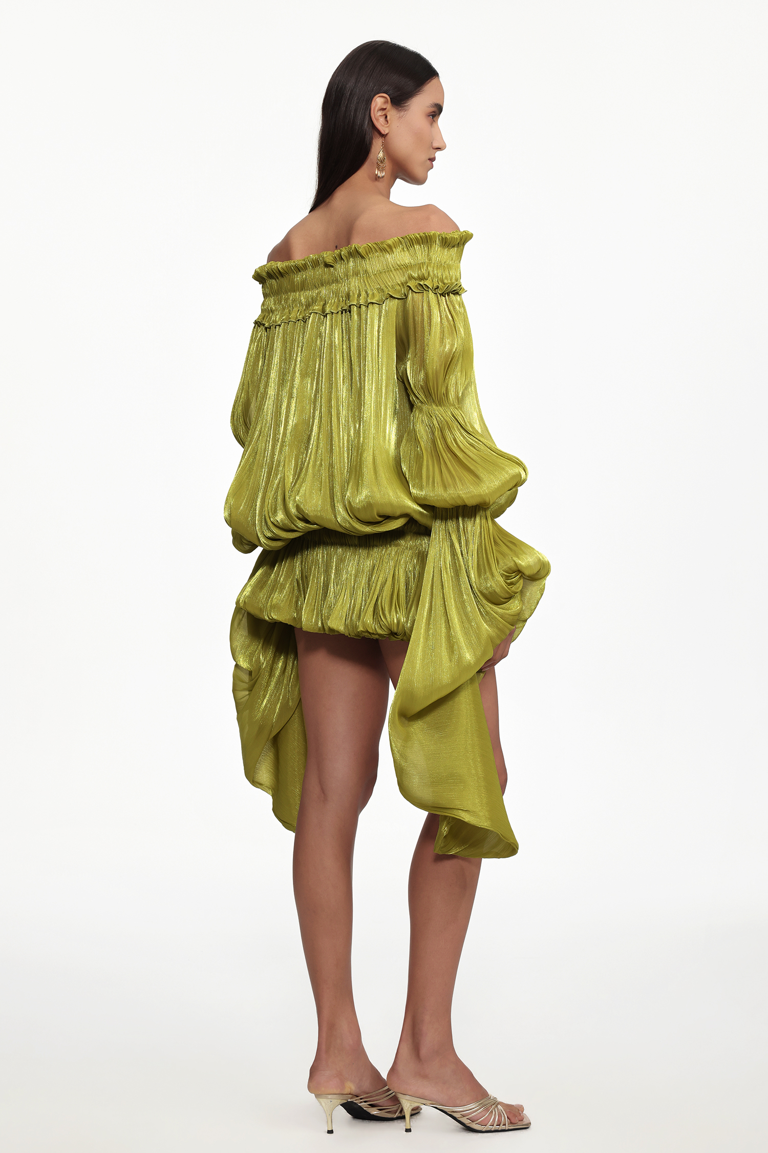 Flavia Resort Flowy Off Shoulder Long Sleeve Ruched Organza Top and Skirt Set