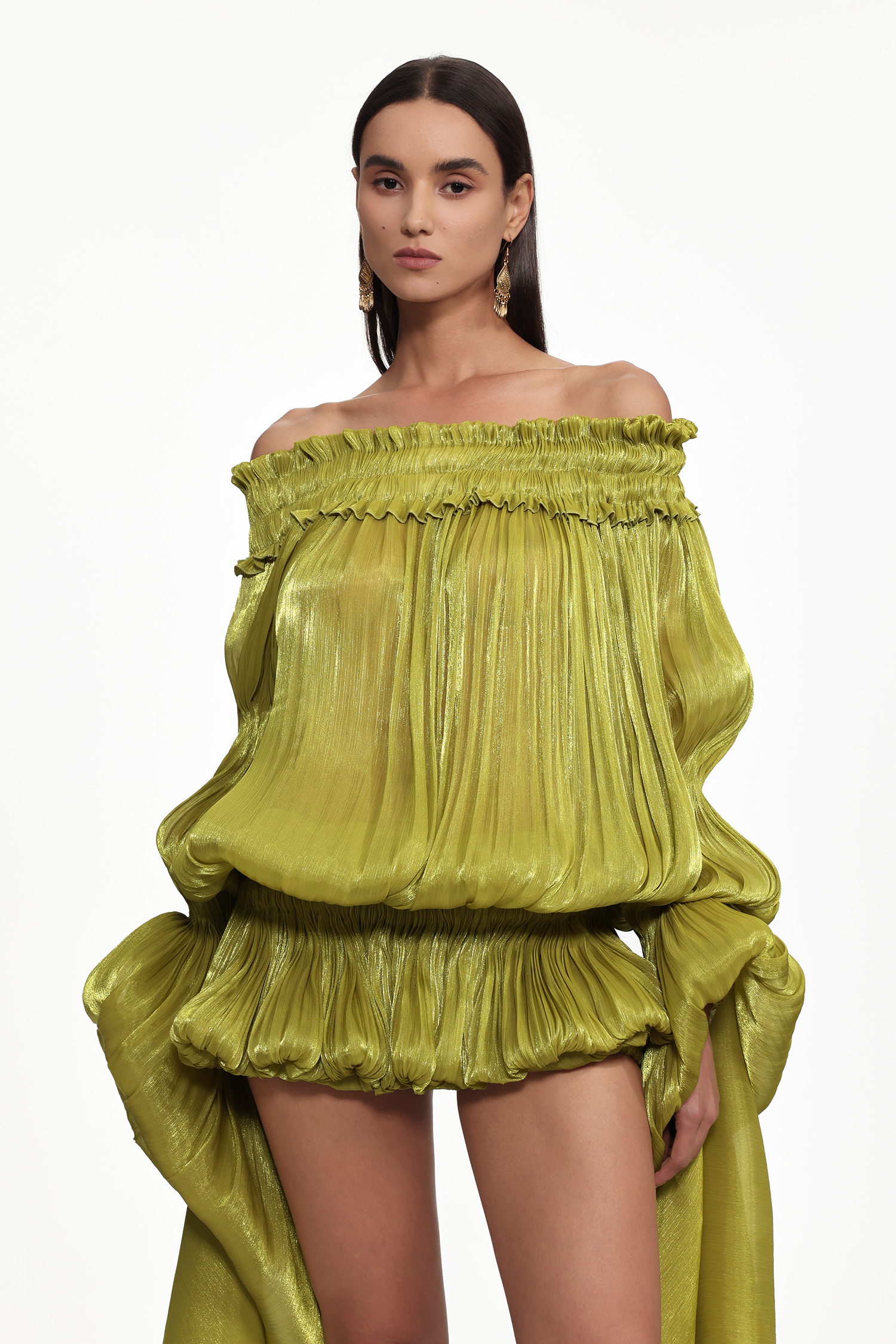 Flavia Resort Flowy Off Shoulder Long Sleeve Ruched Organza Top and Skirt Set
