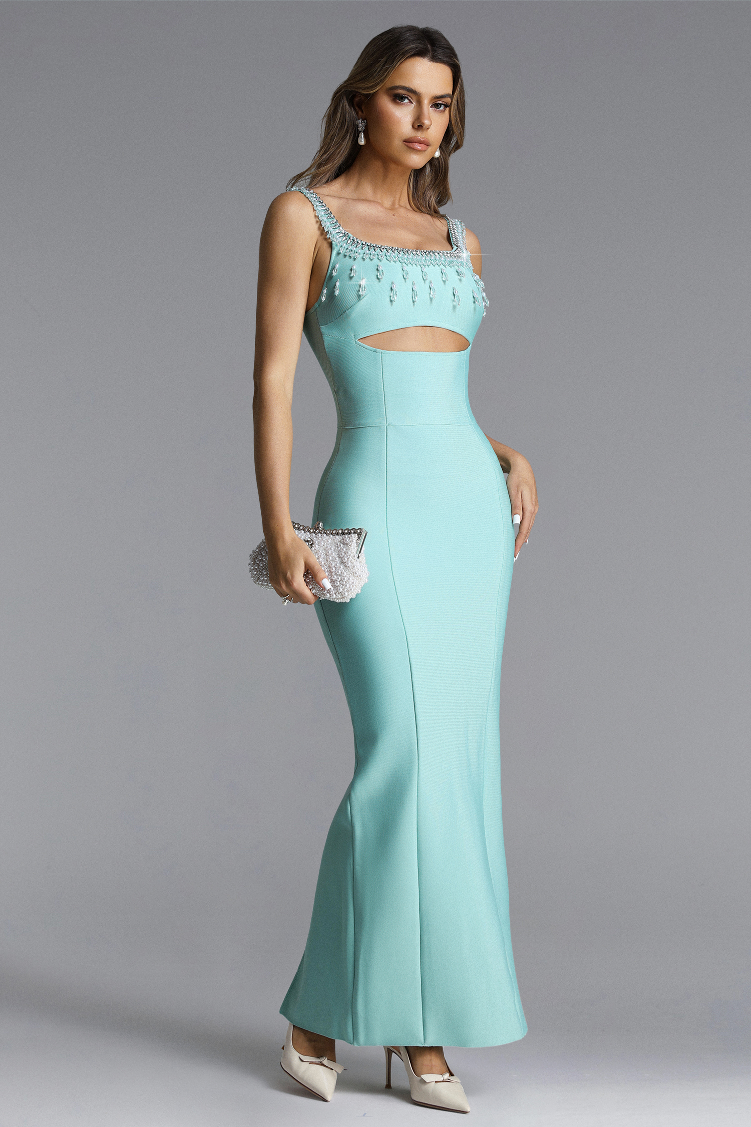 Vela Elegant Contour Sleeveless Cut Out Rhinestone Bandage Maxi Dress