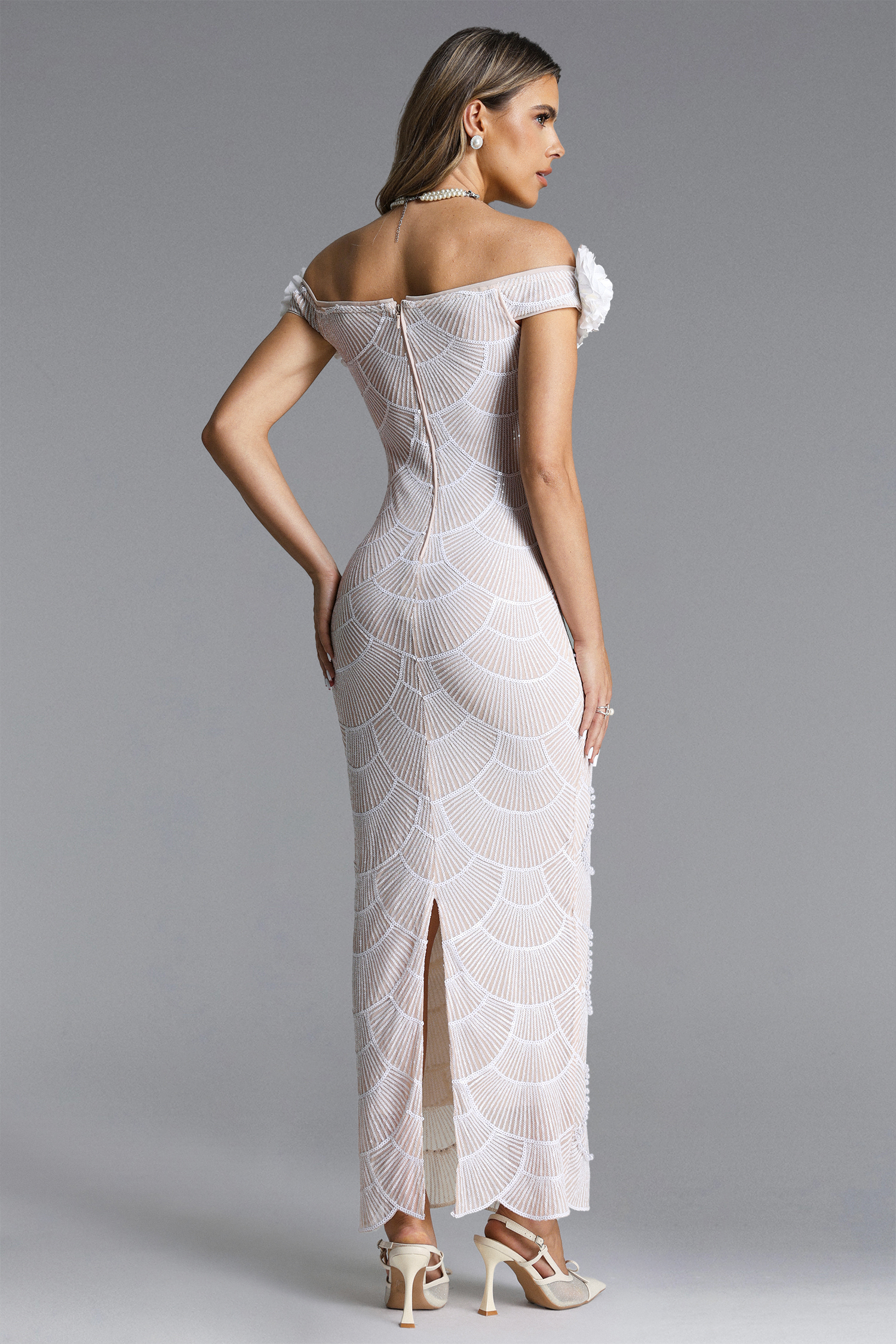 Neela Romantic Contour Off Shoulder Pearl Floral Maxi Dress